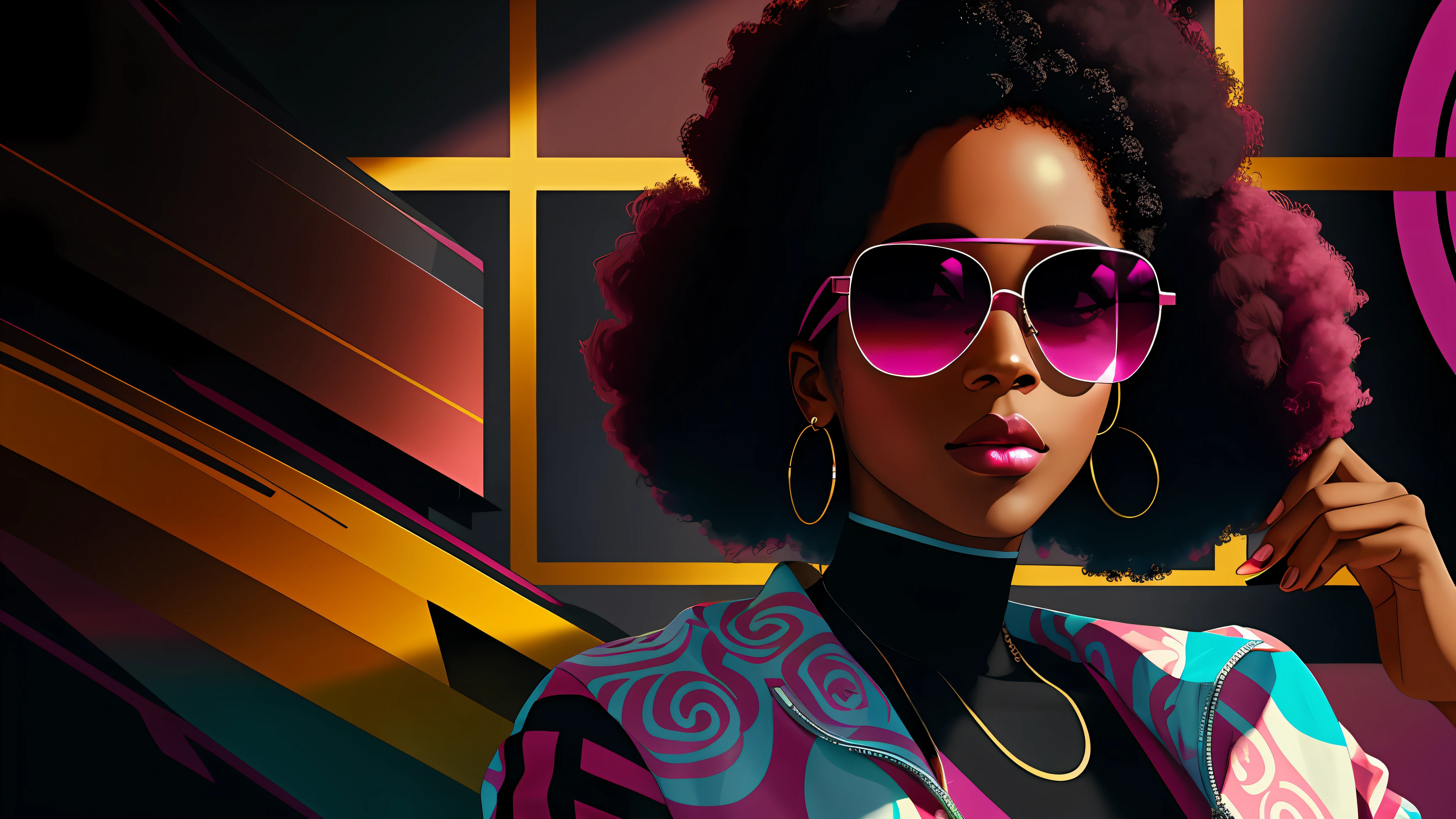 a close up of one beautiful afro man (character at the right), dark pink and white modern clothes, sunglasses, 8k, digital art, stunning digital illustration, no text, magenta colored abstract background, music elements