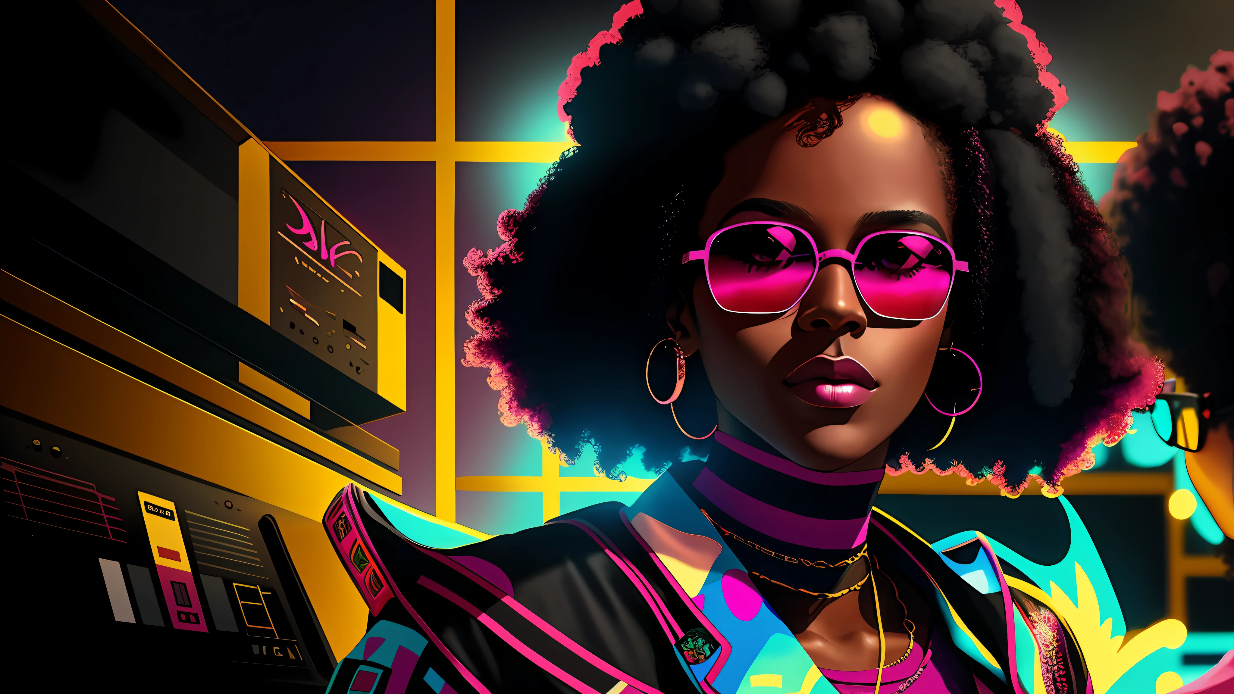 a close up of one beautiful afro man (character at the right), dark pink and white modern clothes, sunglasses, 8k, digital art, stunning digital illustration, no text, magenta colored abstract background, music elements