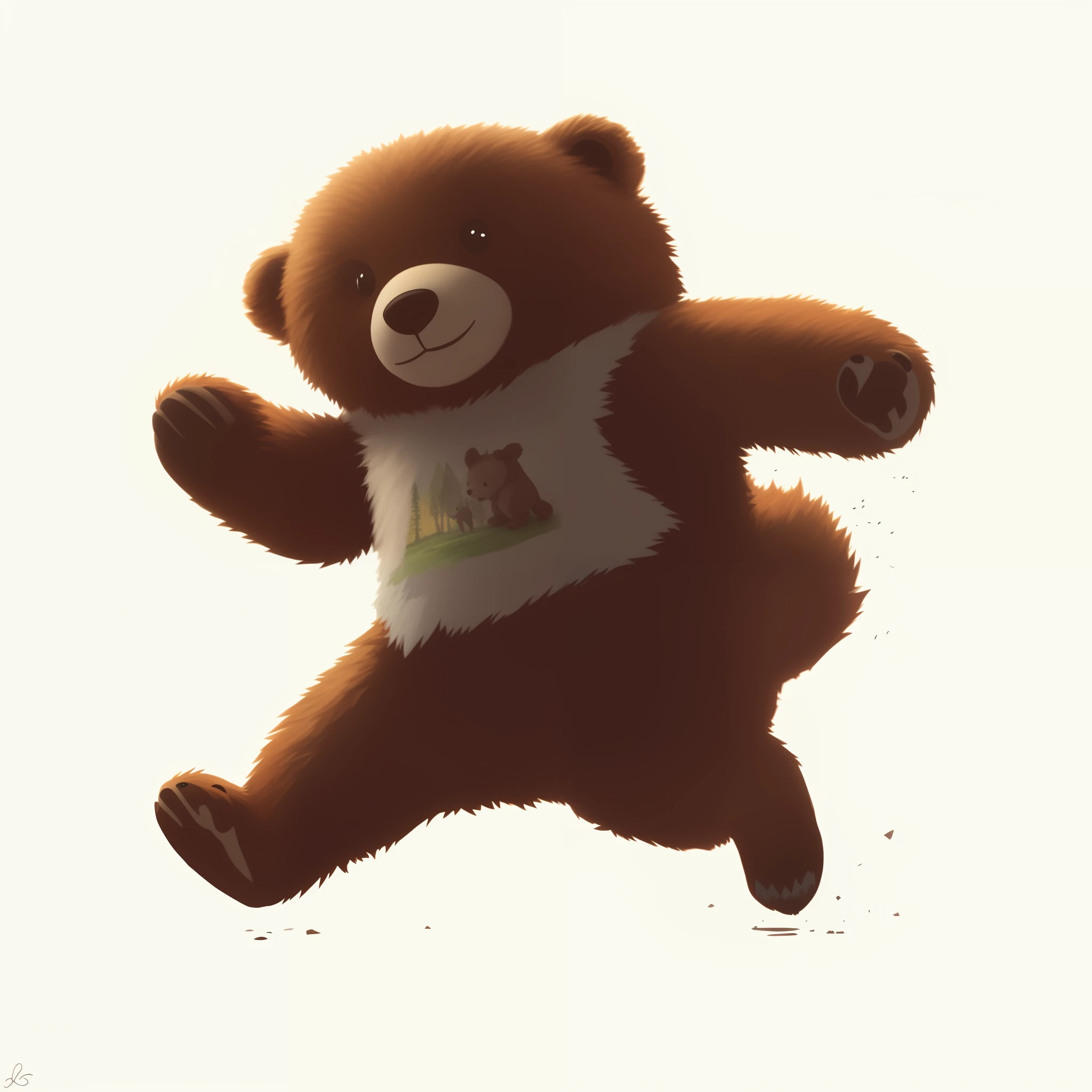 There is a painting of a bear running with a teddy bear, from Bear Run, In the forest, blind box toy style, high detail, cinematic lighting, character chart, best quality, blender -- v 6