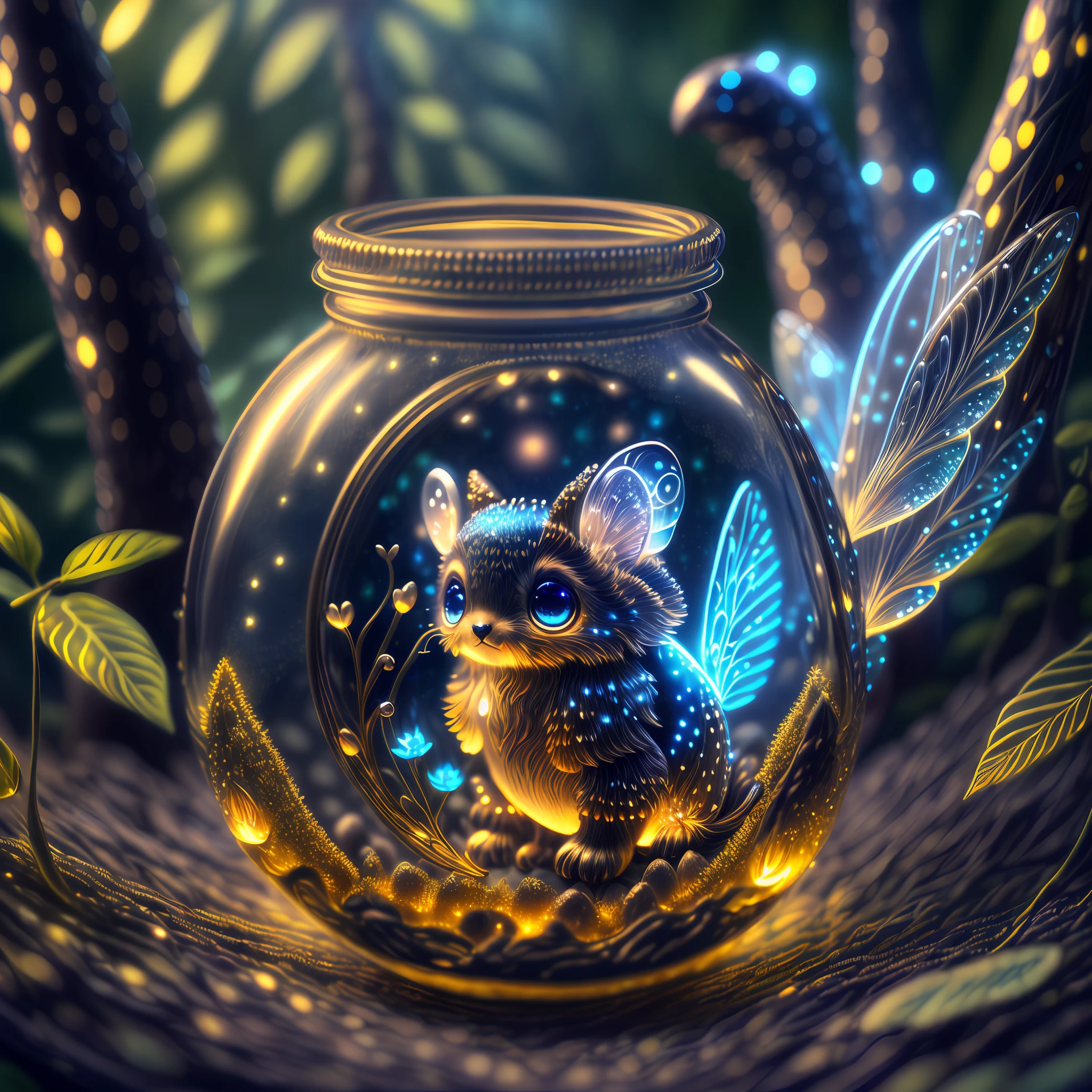 (a miniature creature with many paws in a bottle, a detailed and high-quality CG Unity 8k image, masterpiece quality, art illustration), (thanks to macro photography and detailed description, this creature is detailed and attractive, with wings, big sad eyes and glowing spots), in a dark and deep forest, with a mystical atmosphere and night lighting