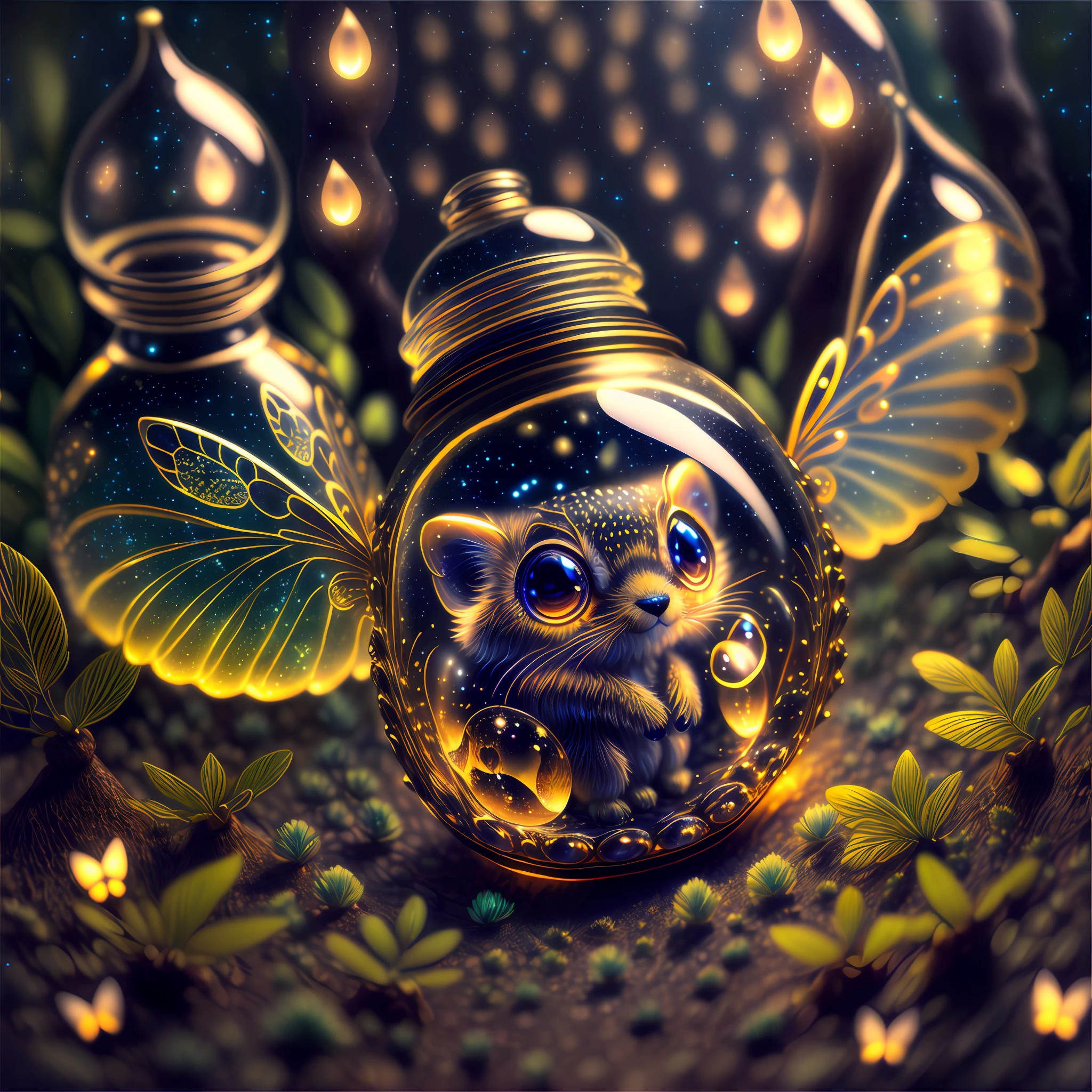 (a miniature creature with many paws in a bottle, a detailed and high-quality CG Unity 8k image, masterpiece quality, art illustration), (thanks to macro photography and detailed description, this creature is detailed and attractive, with wings, big sad eyes and glowing spots), in a dark and deep forest, with a mystical atmosphere and night lighting