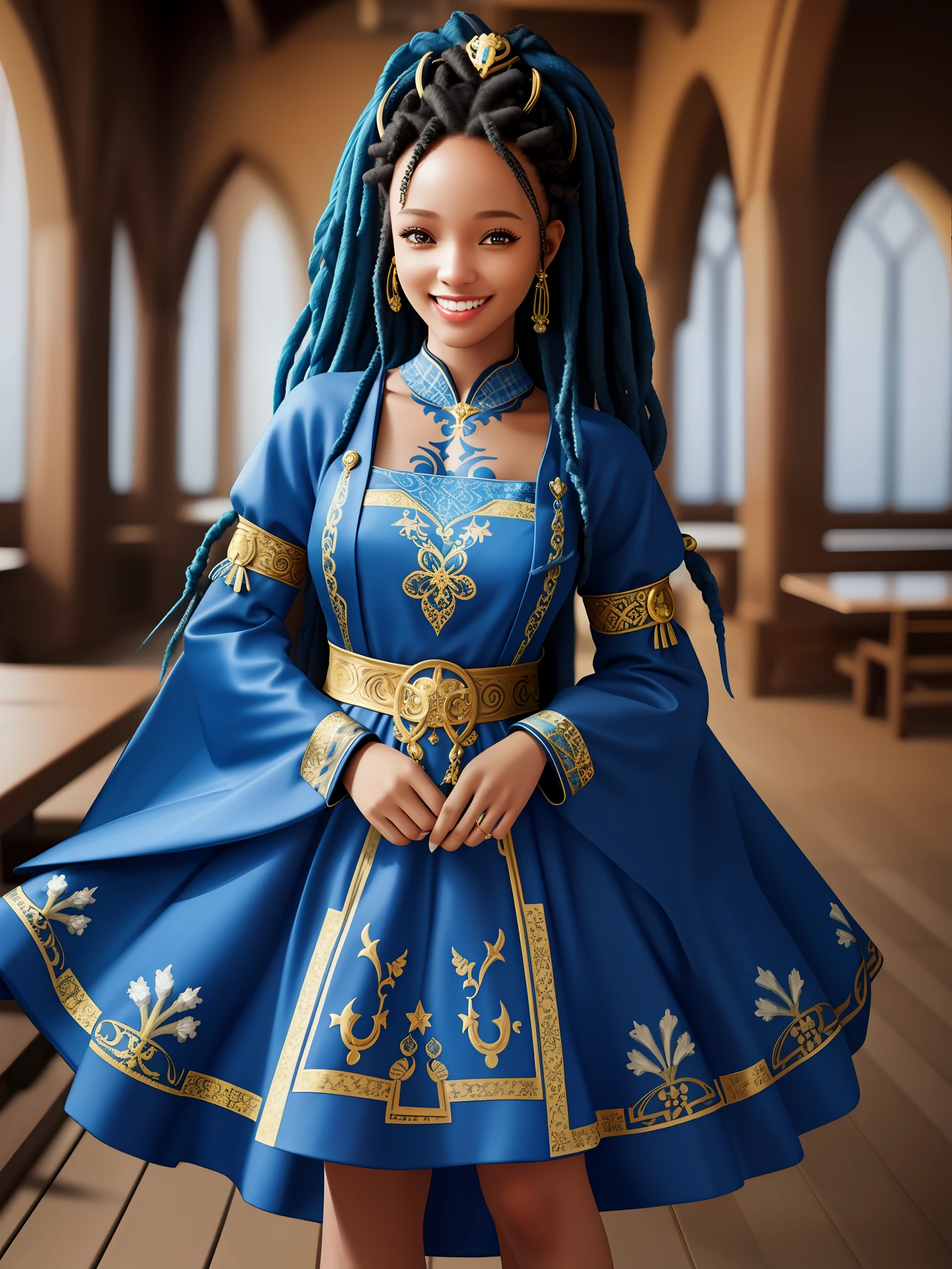a portrait photo of a black girl, smiling, tattoo, blue dreads, (folk dress:1.3), Ukrainian short dress, pronounced feminine feature, insane details, intricate details, hyperdetailed, complex background, medieval tavern, indoors