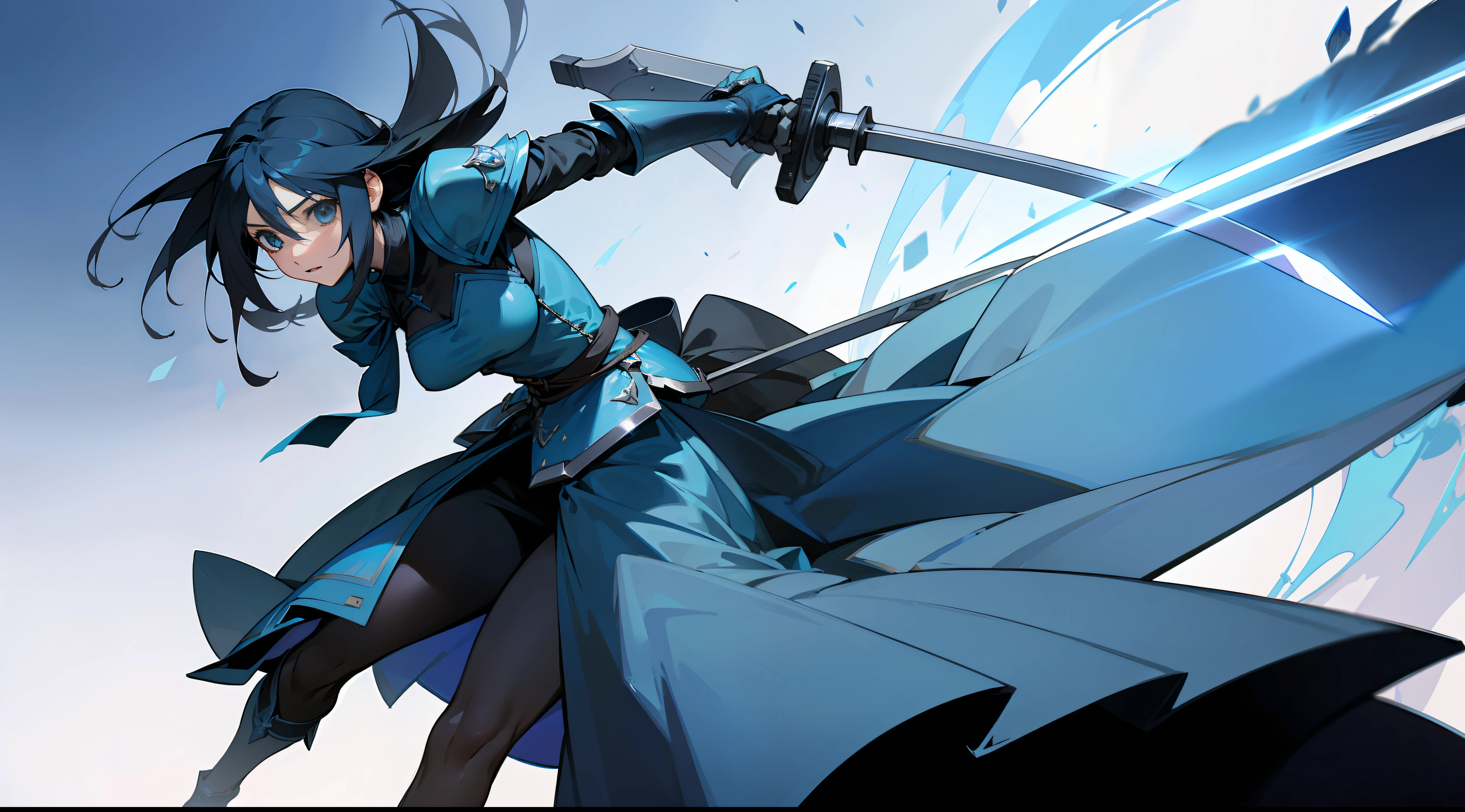 Rinoa, from Final Fantasy 8, wearing a dark blue dress armor, with a large blue sword and a shield, full gauntlets,