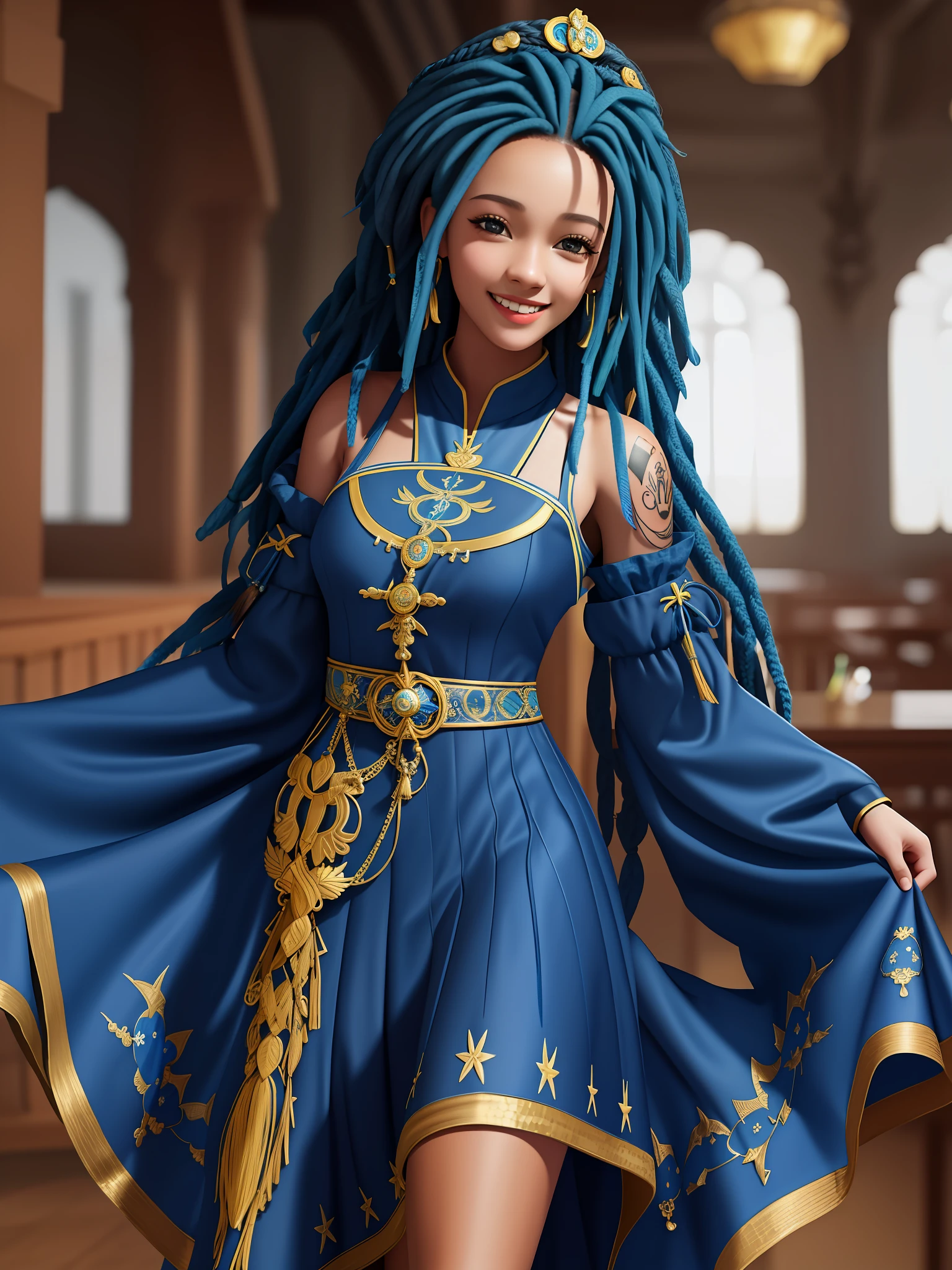a portrait photo of a black girl, smiling, tattoo, blue dreads, (folk dress:1.3), Ukrainian short dress, pronounced feminine feature, insane details, intricate details, hyperdetailed, complex background, medieval tavern, indoors