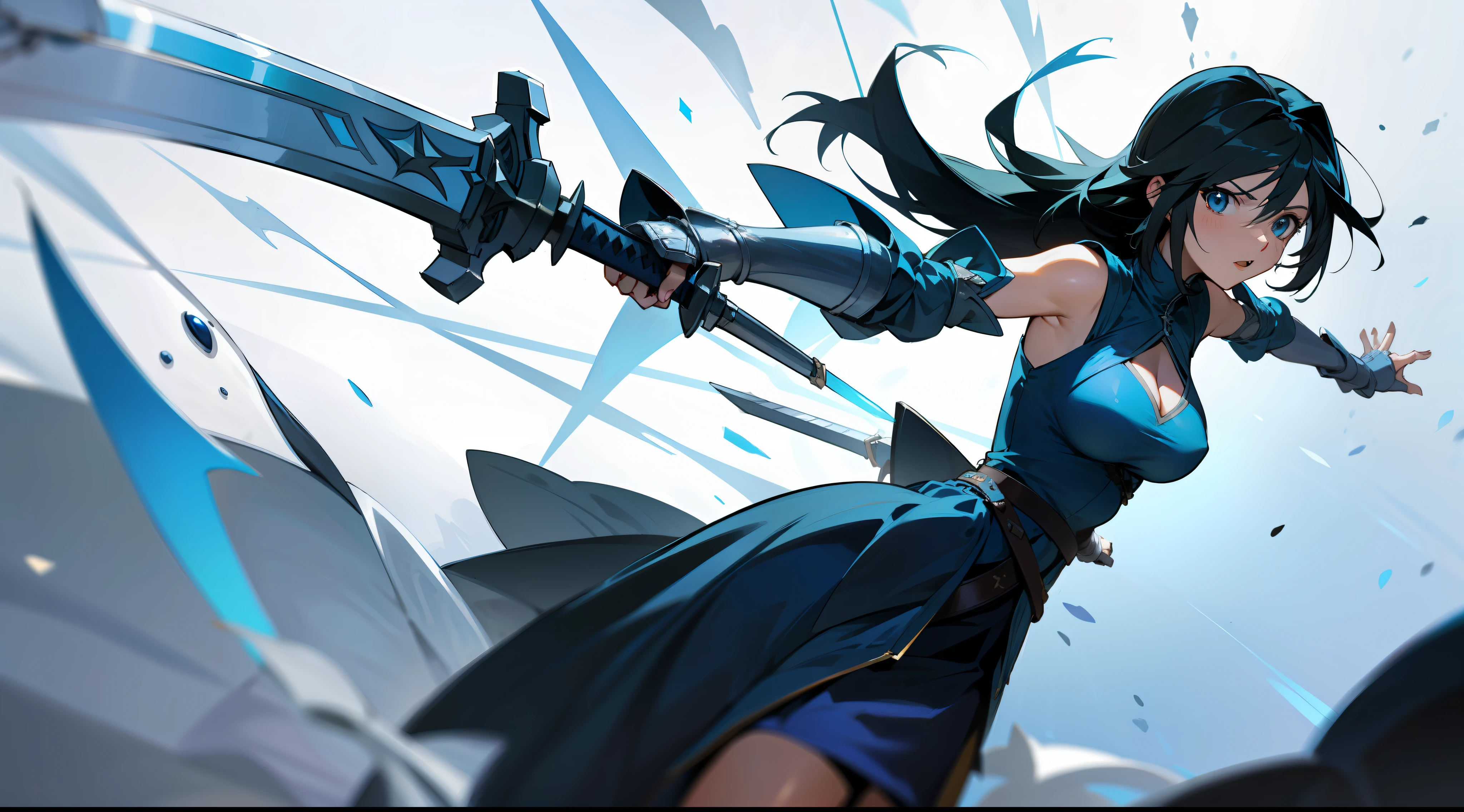 Rinoa, from Final Fantasy 8, wearing a dark blue dress armor, with a large blue sword and a shield, full gauntlets,