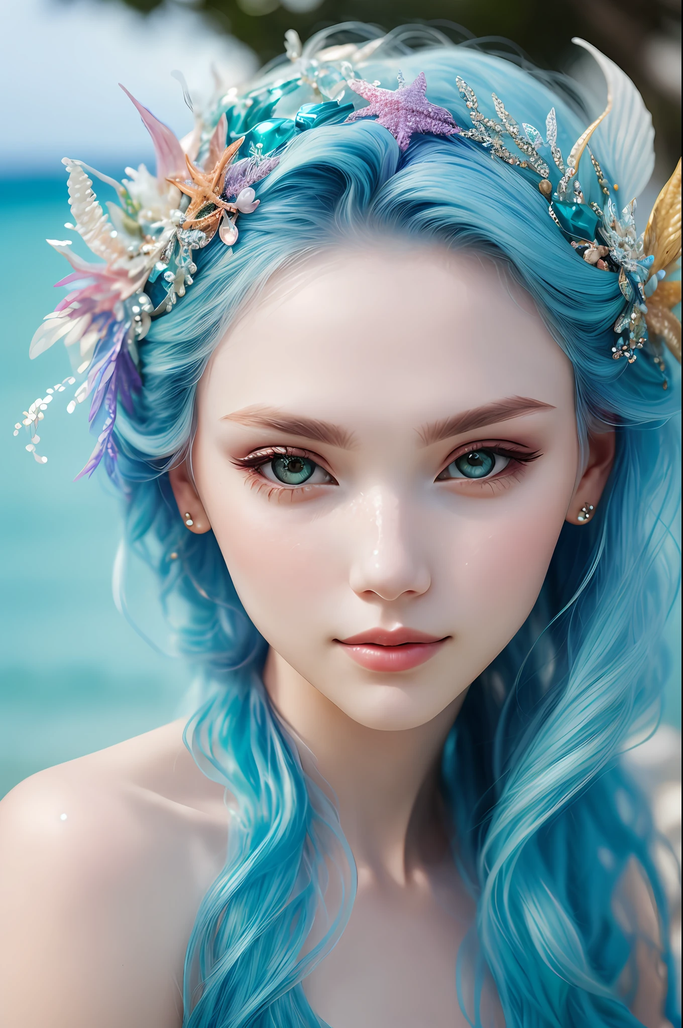 a portrait of mermaid, ethereal, mystical, elusive, alluring, detailed face, high details, photography, cool light, Nikon D850, 50mm, f/1.4