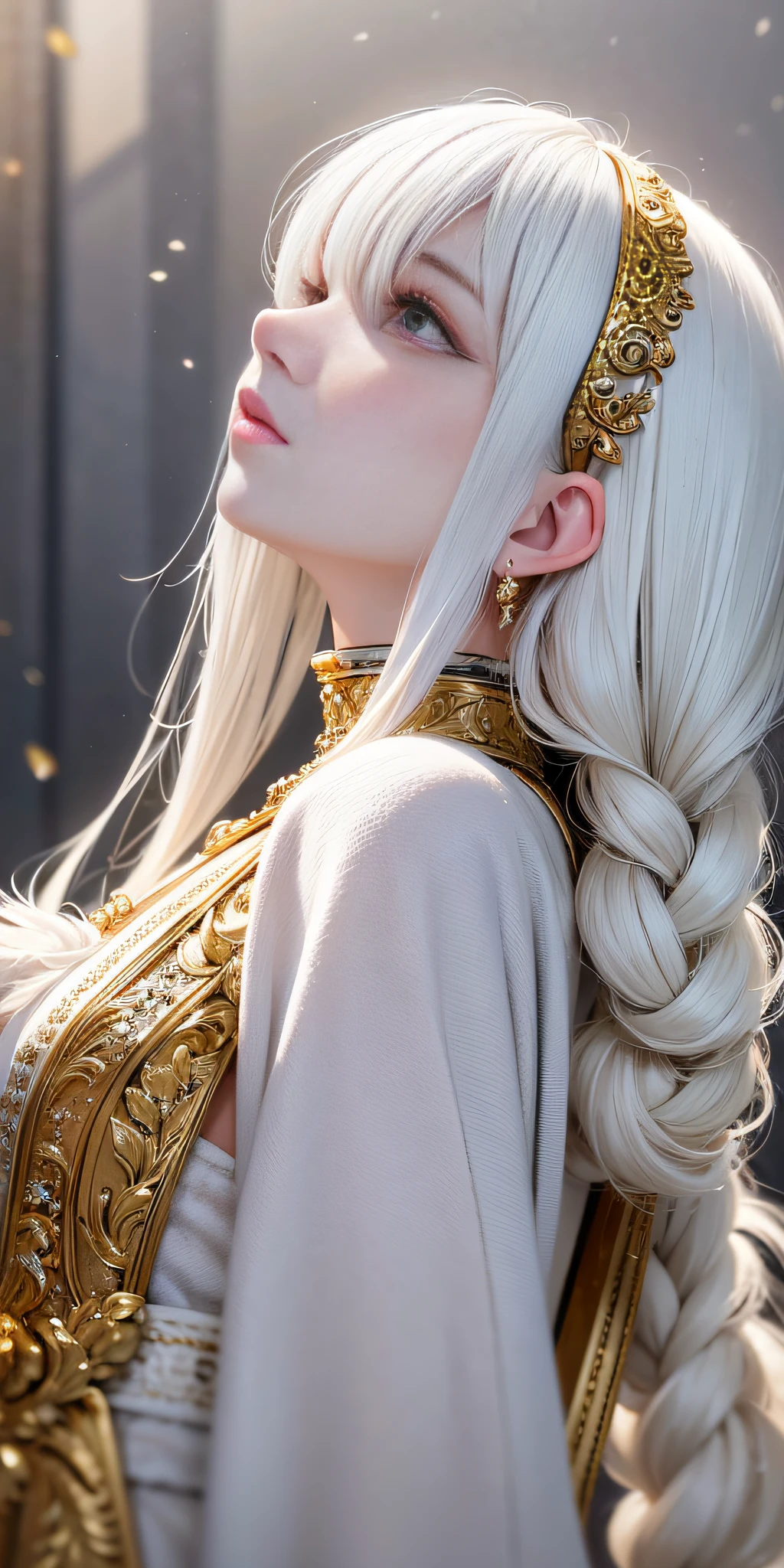 best quality, masterpiece,white hair, gold eyes,white clothes, looking up, upper body,hair strand,Fair skin,side braids