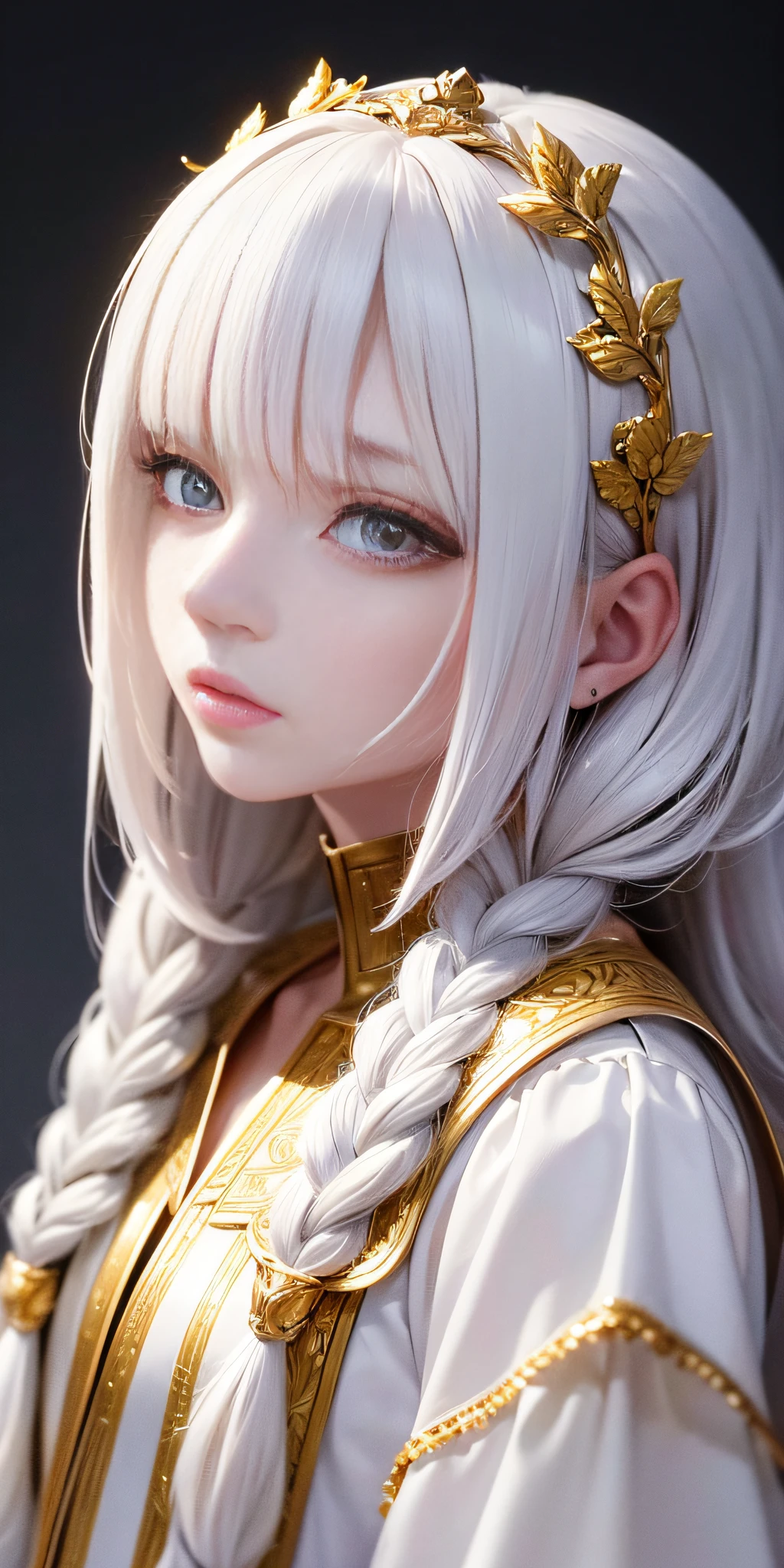 best quality, masterpiece,white hair, gold eyes,white clothes, looking up, upper body,hair strand,Fair skin,side braids