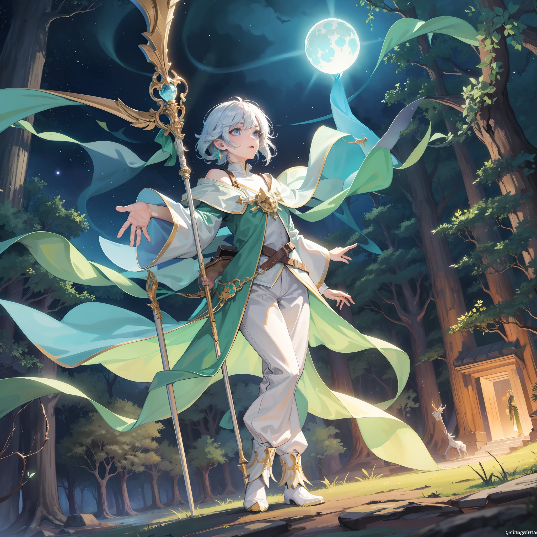 boy, enchanted forest, tall trees, glowing leaves, magical aura, sky, stars, moon, tunic, pants, wooden staff, glowing gems, castle, mountain peak, spires, fairies, unicorns, dragons, magical abilities.