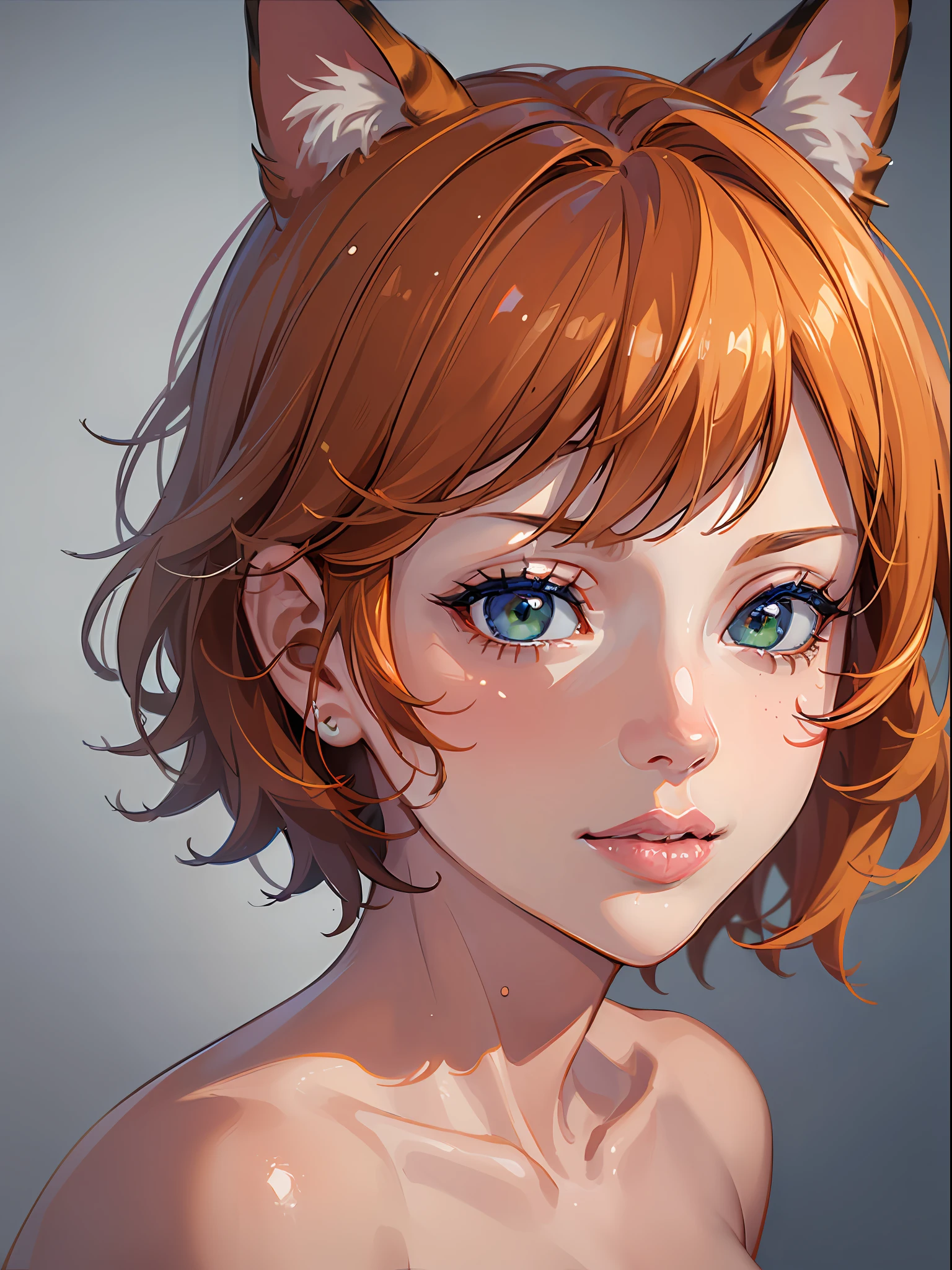 ((portrait)), (ultra high res,photorealistic,realistic,best quality,photo-realistic), (((high detailed skin,visible pores))),(real person,photograph), (8k, raw photo, best quality, masterpiece),(1 cute girl),(bob cut), (short orange hair), ((cat ear)), (green eyes), (orange tail),automatic white balance,(((face close-up,haunting smile,moist lips,short hair))), ((((looking at viewer)))), ((((skinny))))
