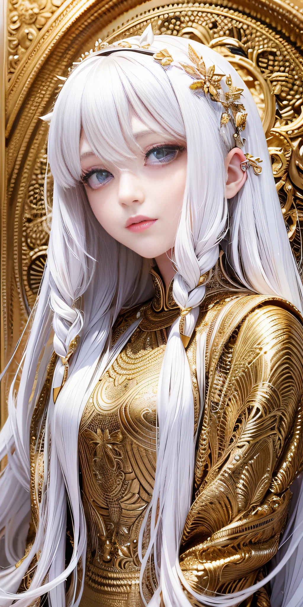 best quality, masterpiece,white hair, gold eyes,white clothes, looking up, upper body,hair strand,Fair skin,side braids
