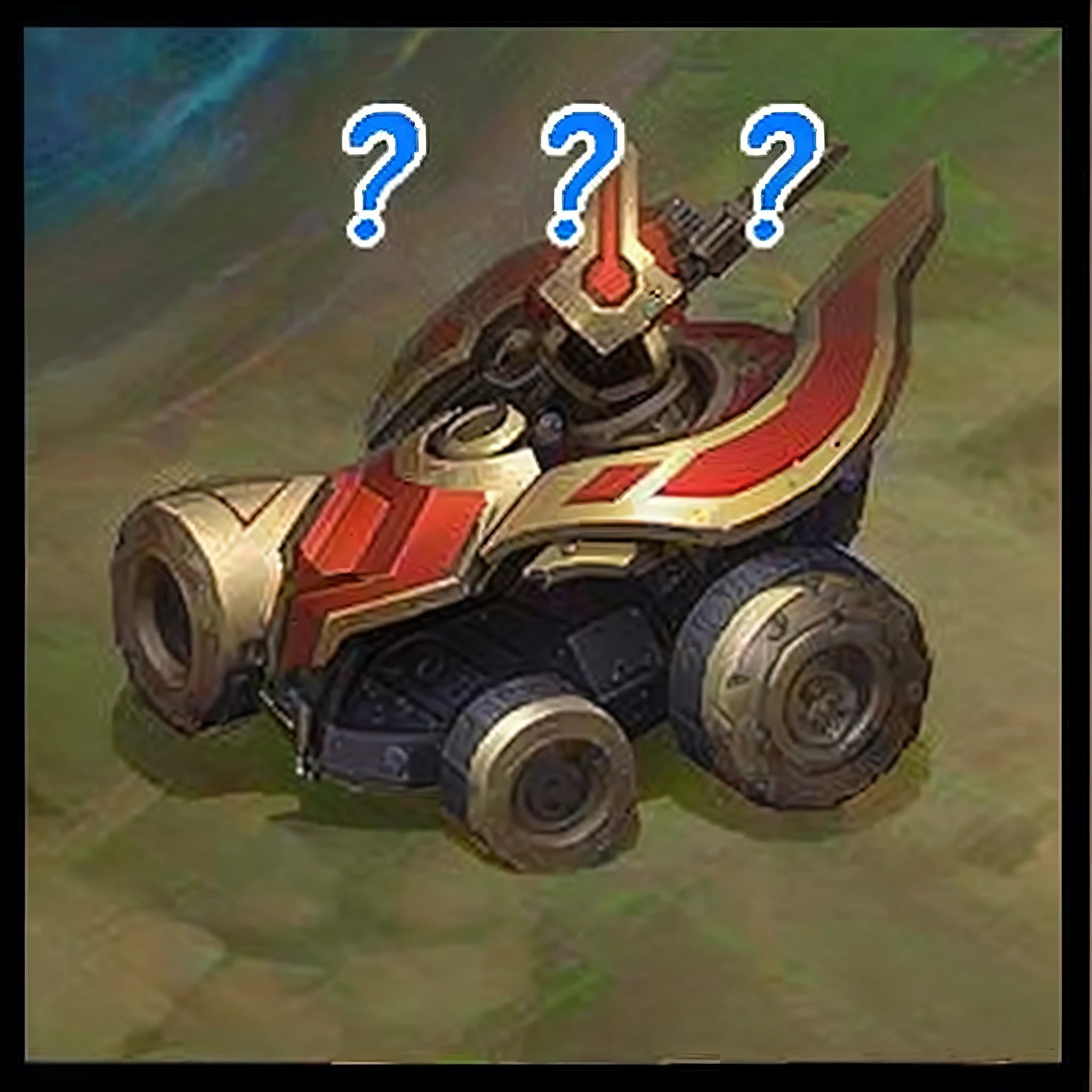 a close up of a cartoon car with question marks on it, league of legends inventory item, is this loss?, tank has a large solid cannon, from league of legends, style of league of legends, unknown, tanks, style league of legends, wild rift, tank with legs, riot game, rocket league tank, league of legends champion, mortar