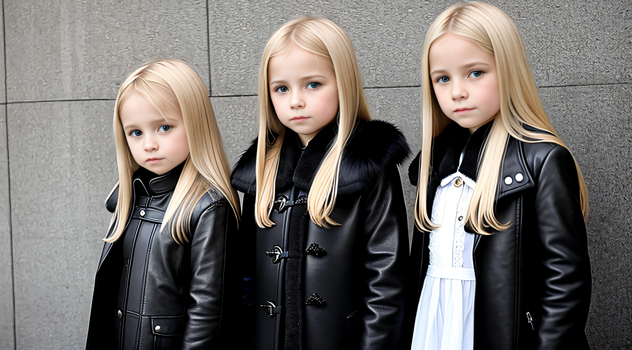 3 GIRLS Russian children with , WITH LONG BLONDE STRAIGHT HAIR, WITH BLACK LEATHER OVERCOAT, PORTRAIT STYLE,