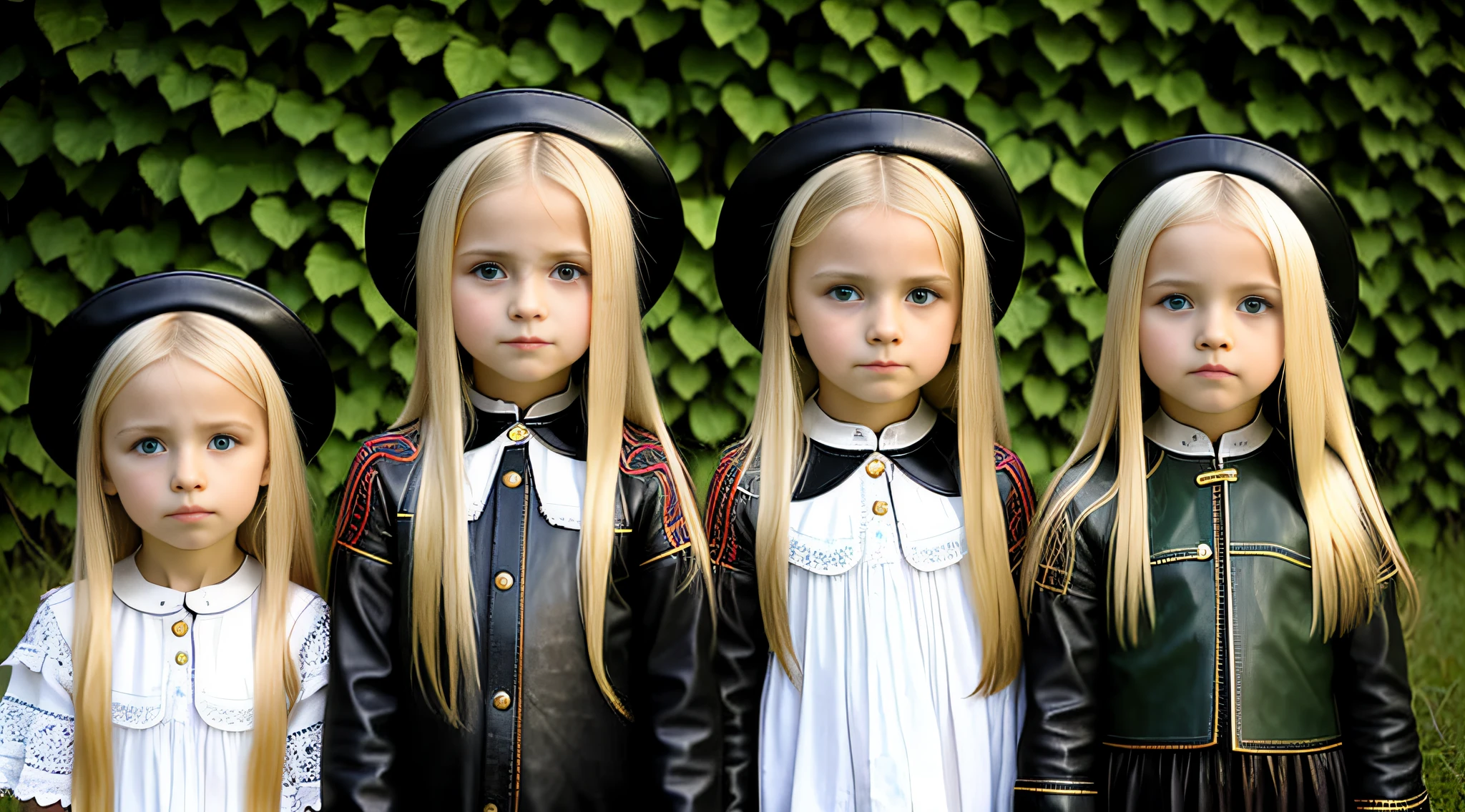 3 Russian boys with 10 yearsONG STRAIGHT HAIR blond, PORTRAIT STYLE, in black coat with arms extended in front of the red wall.
