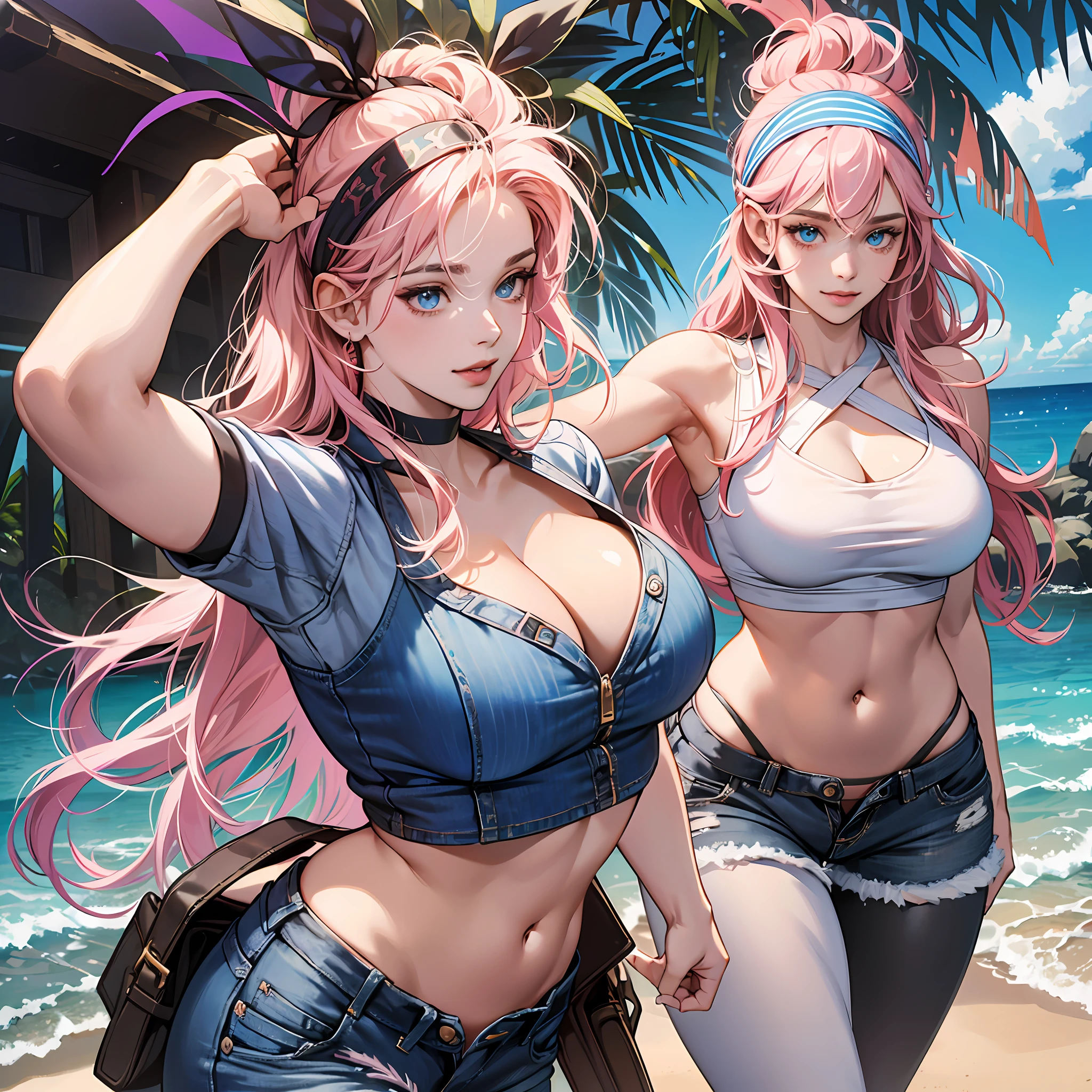 ((1 girls), solo, Big round breasts, trendy, stylish, clevage, thighs, hips, realistic, pink hair, blonde hair, light green eyes, lip gloss, detailed face, amazing big eyes, eye details, big lips, eyebrow details, blush, confident, dominant, bdsm, smirk, naughty, mischevious face, HD, good quality, curvy, standing up, thick thighs, attractive, amazing body, perfect body, slim thick, bedroom, bikini, shorts