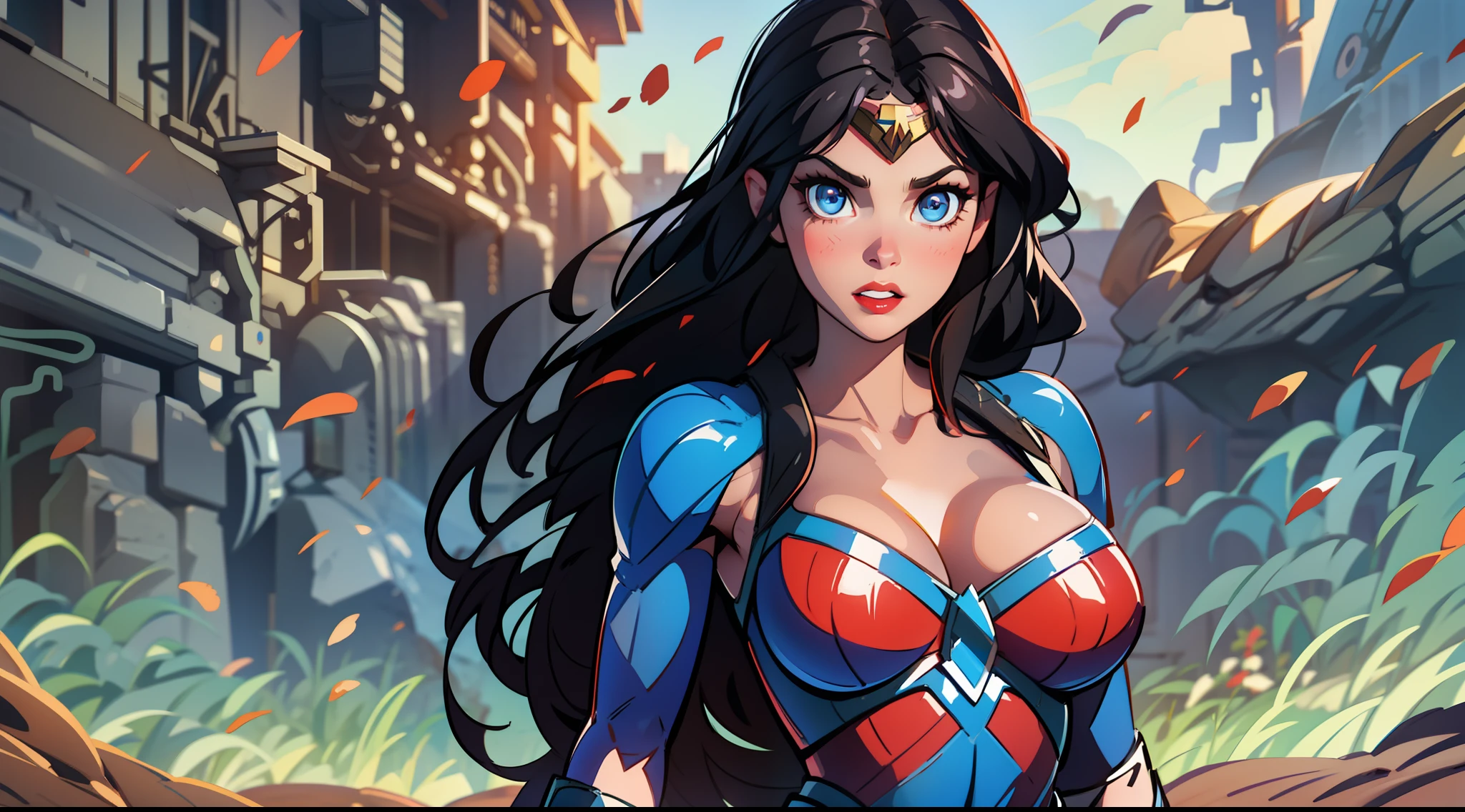 wonderwoman, black hair, blue eyes, large breasts, wide hips, thick thighs, no teeth, beautiful face, realistic, ray traced, beautiful eyes, red lipstick