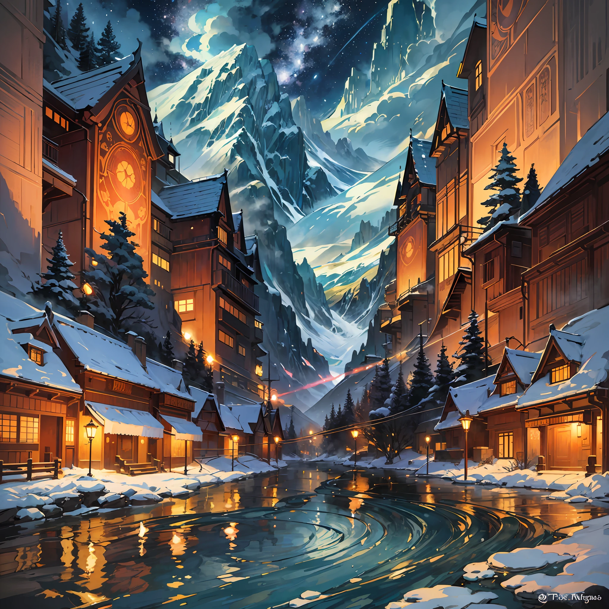 masterpiece, best quality, Night landscapes with mountains and rivers, fantasy, ethereal, painted by ryo takemasa, art nouveau, surrealism, anime, digital art, vibrant colors, dramatic lighting, detailed mountains, winding rivers, vibrant stars twinkling in the night sky, trending on artstation. --auto --s2