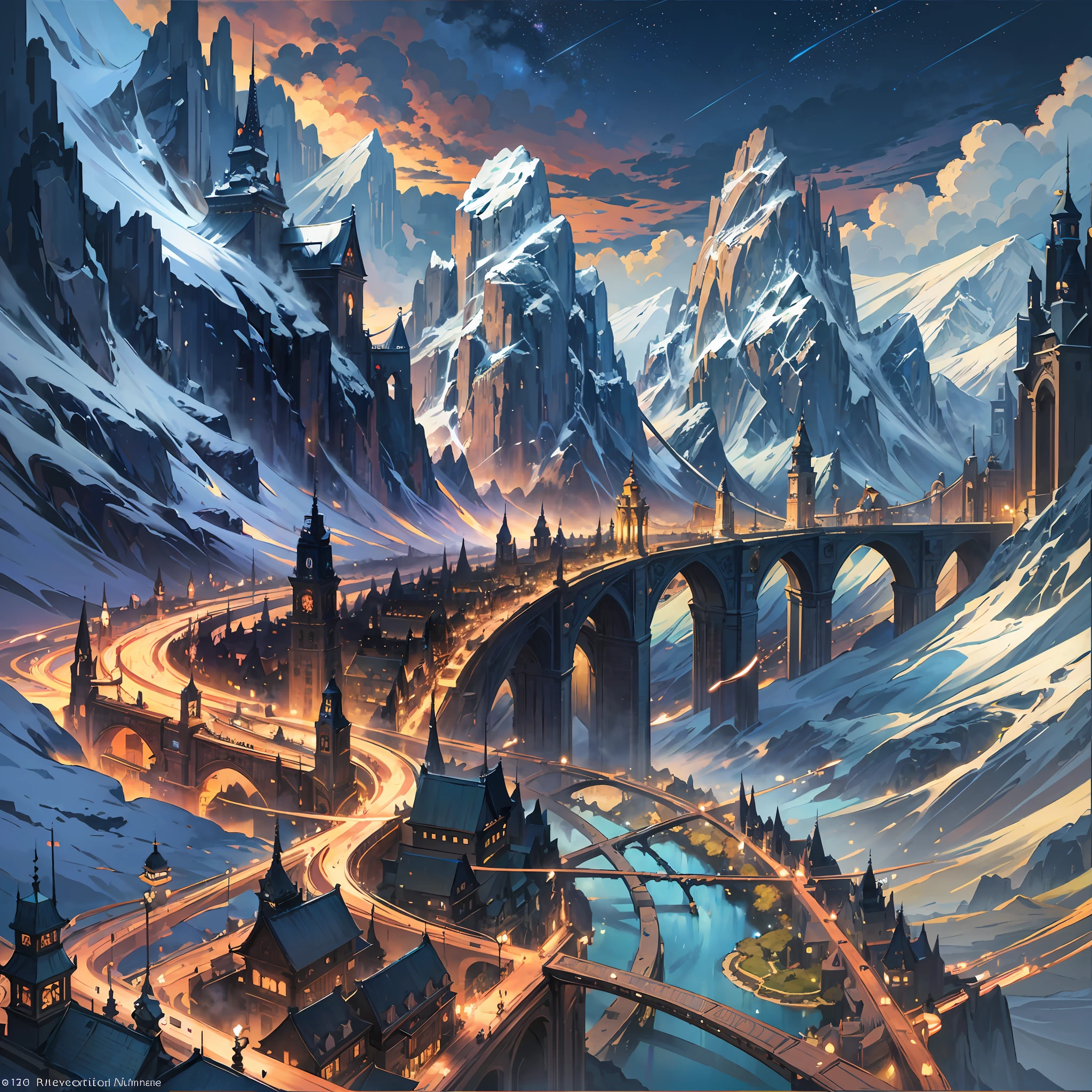 masterpiece, best quality, Night landscapes with mountains and rivers, fantasy, ethereal, painted by ryo takemasa, art nouveau, surrealism, anime, digital art, vibrant colors, dramatic lighting, detailed mountains, winding rivers, vibrant stars twinkling in the night sky, trending on artstation. --auto --s2