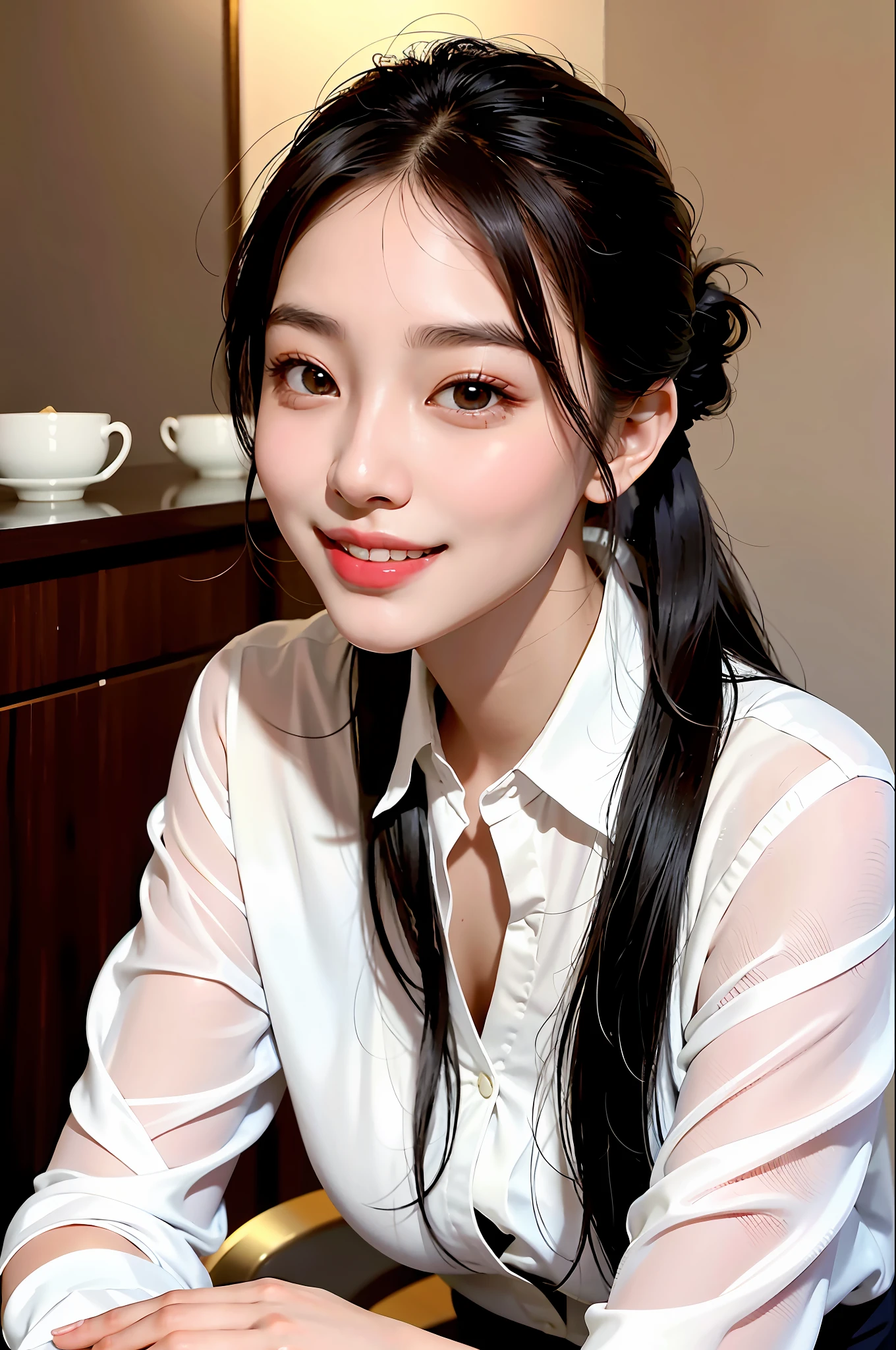 Korean girl, black hair, older sister, putting her hair in a ponytail and smiling to the narrator, high definition picture, masterpiece, (beautiful girl, cafe, enchanting, virgin, sexy), (secretary), coquettish smile, coquettish woman,