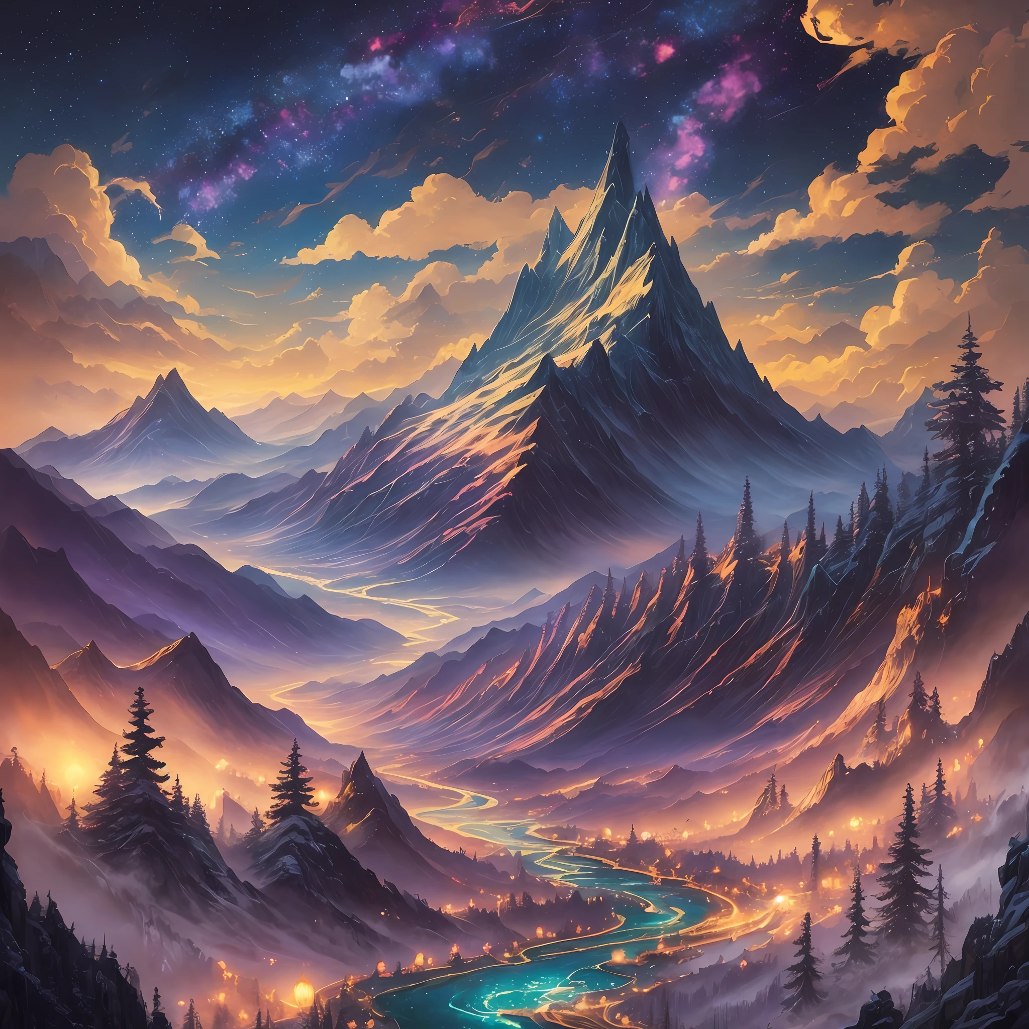 masterpiece, best quality, Night landscapes with mountains and rivers, fantasy, ethereal, painted by ryo takemasa, art nouveau, surrealism, anime, digital art, vibrant colors, dramatic lighting, detailed mountains, winding rivers, vibrant stars twinkling in the night sky, trending on artstation. --auto --s2
