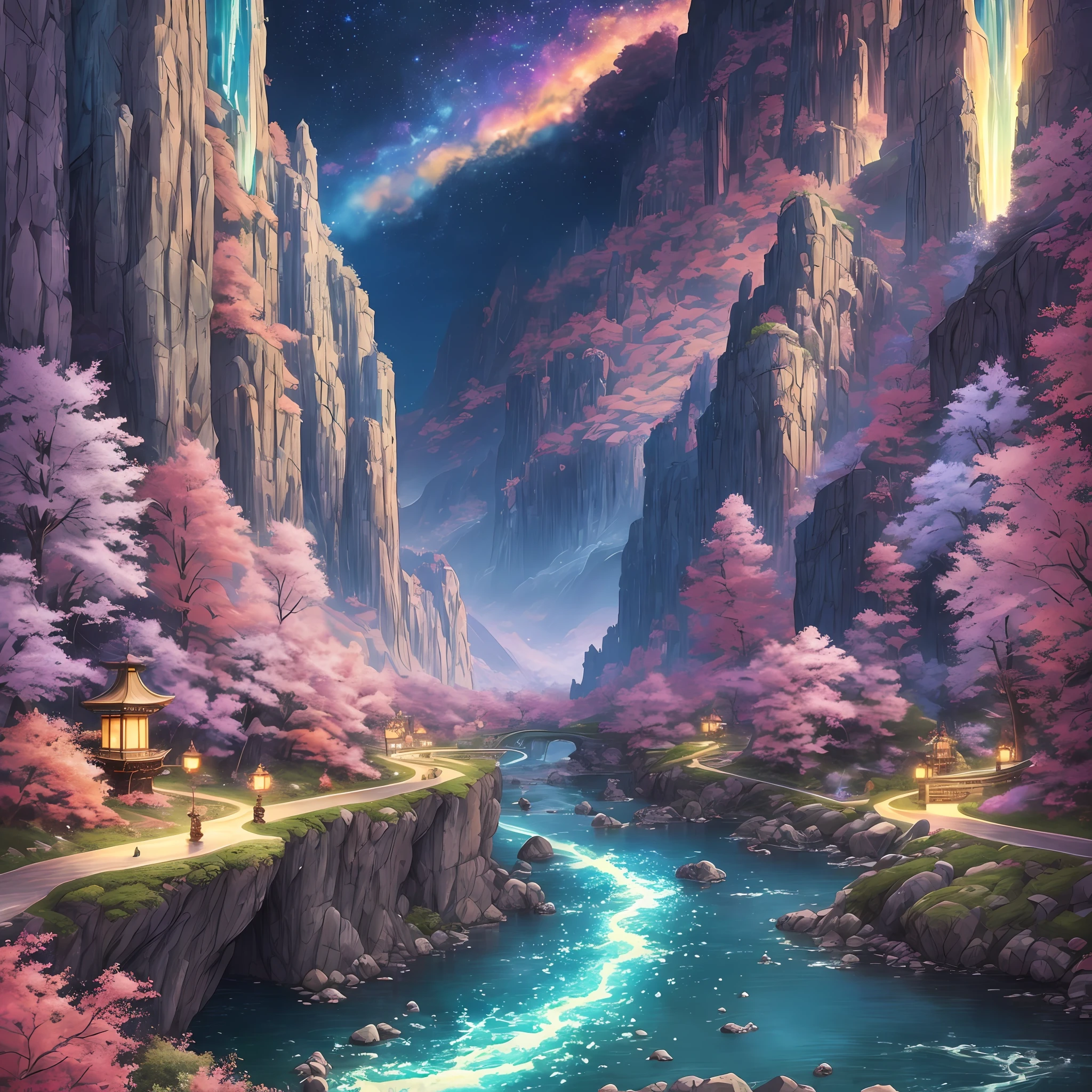 masterpiece, best quality, Night landscapes with mountains and rivers, fantasy, ethereal, painted by ryo takemasa, art nouveau, surrealism, anime, digital art, vibrant colors, dramatic lighting, detailed mountains, winding rivers, vibrant stars twinkling in the night sky, trending on artstation. --auto --s2