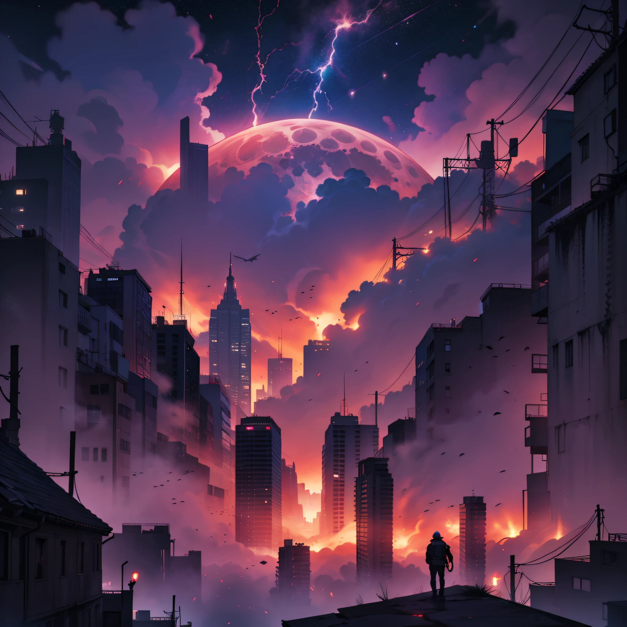 City street background, huge blood moon, night, dark clouds, doomsday scene, lightning, colorful glow, dark style, epic scene, top view