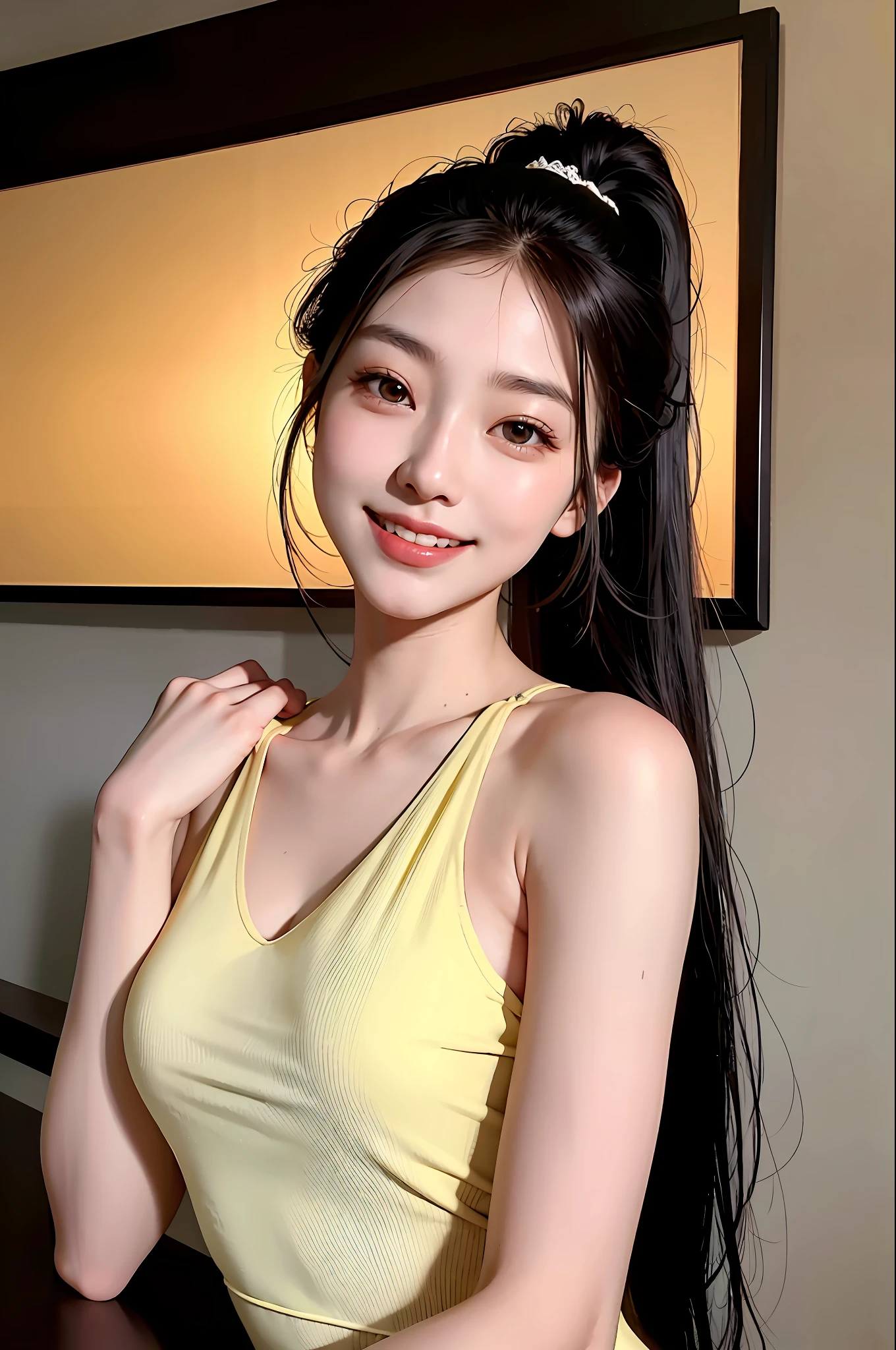 Korean girl, black hair, older sister, putting her hair in a ponytail and smiling to the narrator, high definition picture, masterpiece, (beautiful girl, cafe, enchanting, virgin, y), (secretary), coqtish smile, coqueth woman,