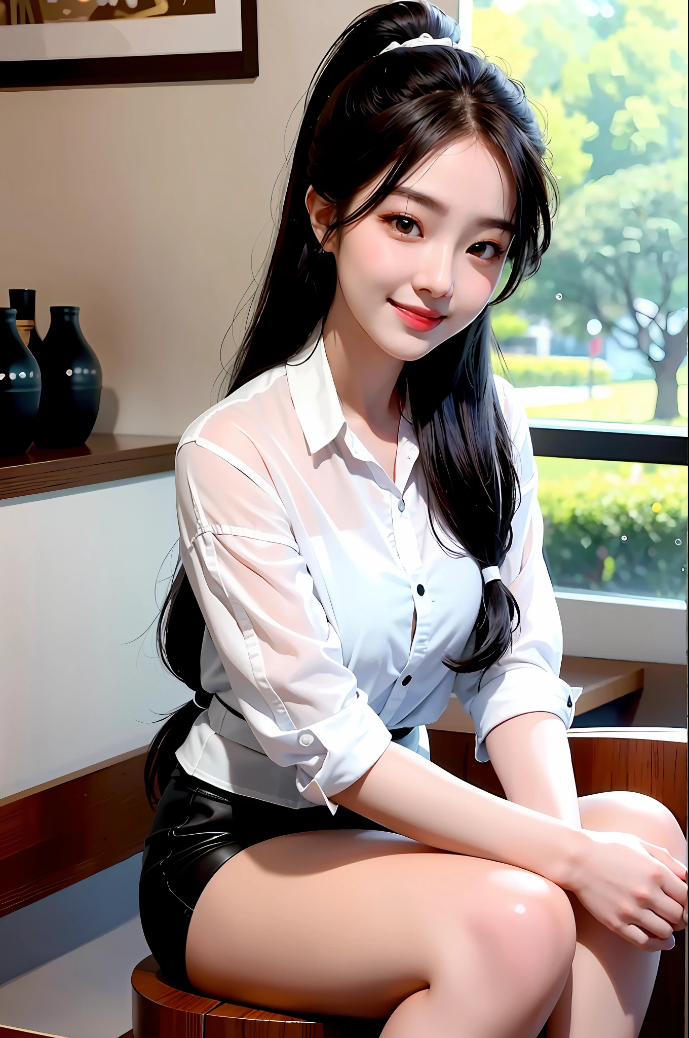 Korean girl, black hair, older sister, putting her hair in a ponytail and smiling to the narrator, high definition picture, masterpiece, (beautiful girl, cafe, enchanting, virgin, sexy), (secretary), coquettish smile, coquettish woman,