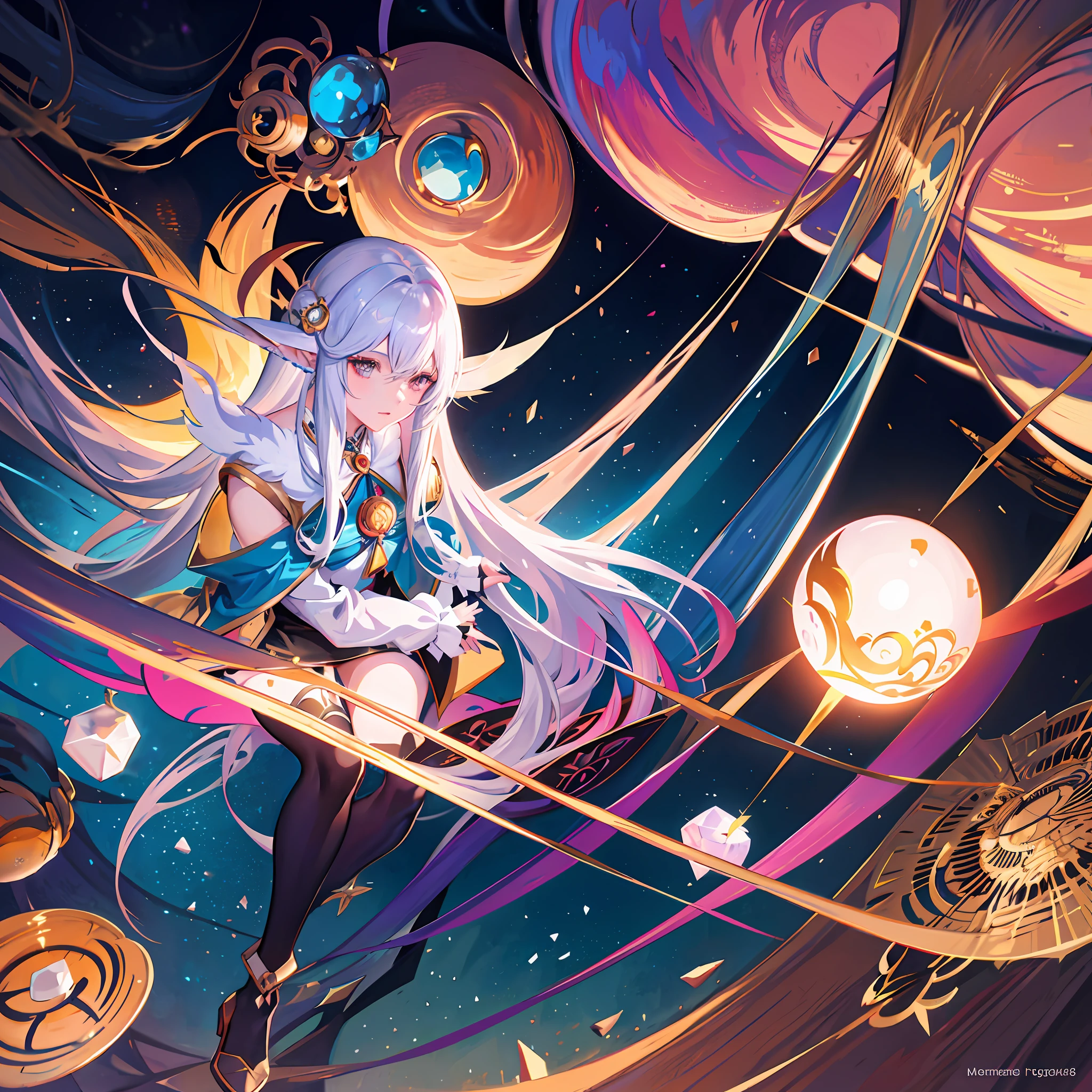 anime girl with long white hair holding a crystal ball, a detailed painting by Yang J, pixiv, fantasy art, 8k high quality detailed art, beautiful fantasy anime, detailed digital anime art, anime fantasy illustration, anime art wallpaper 4k, anime art wallpaper 8 k, anime art wallpaper 4 k, anime fantasy artwork, fantasy art style, beautiful celestial mage