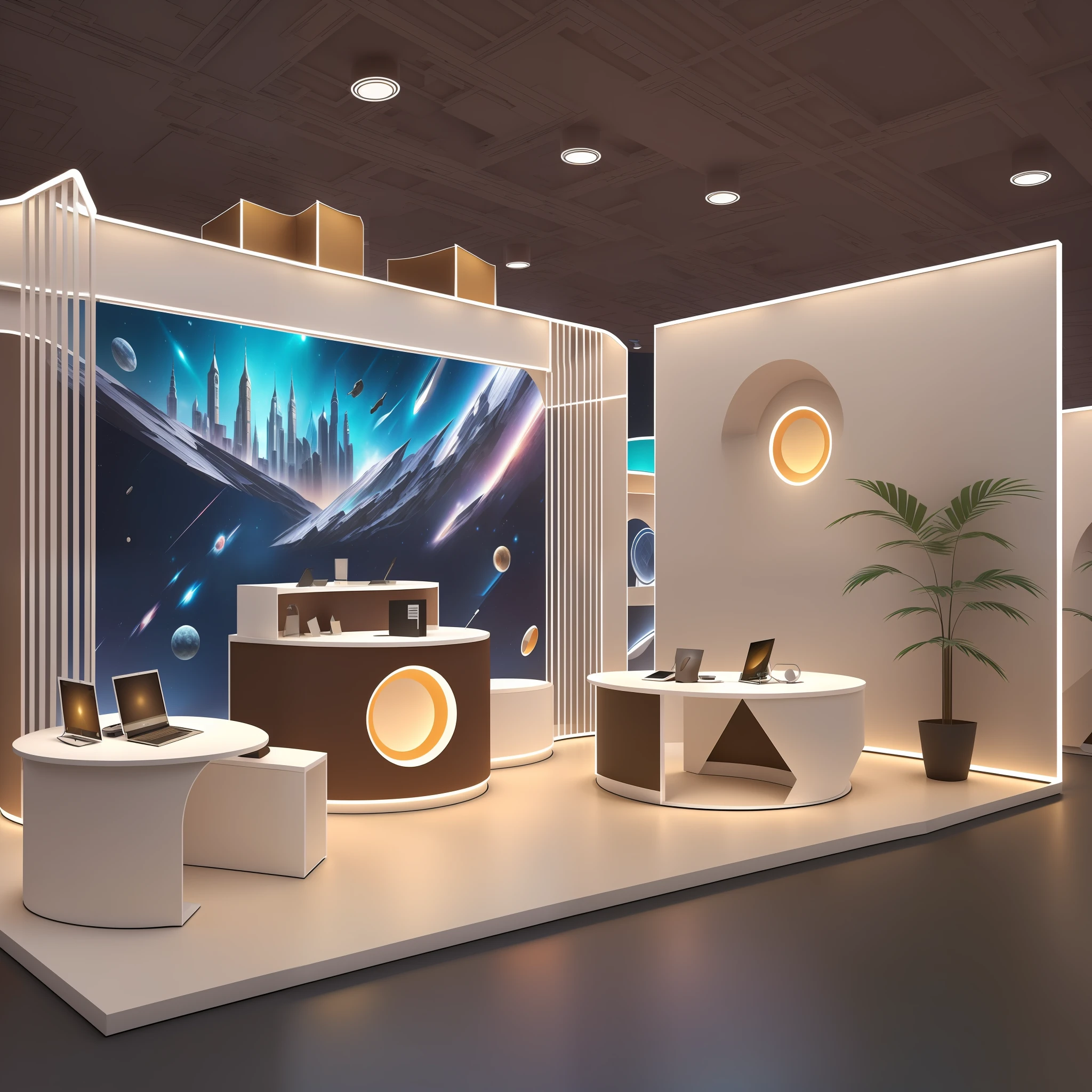 Creative Design, Pavilion, Exhibition Display, Space Layout, Exhibit Display, Lighting Design, Color Matching, Use of Technology, Large Booth, Technology Booth, Rounded Corner Modeling, Modern Interior, Super Detailed, Stylized Scene, Intricate, Sunlight Lighting, Shadows, Concept Style, Multiple Screens, Foreton Exhibition Hall Display Design --auto --s2