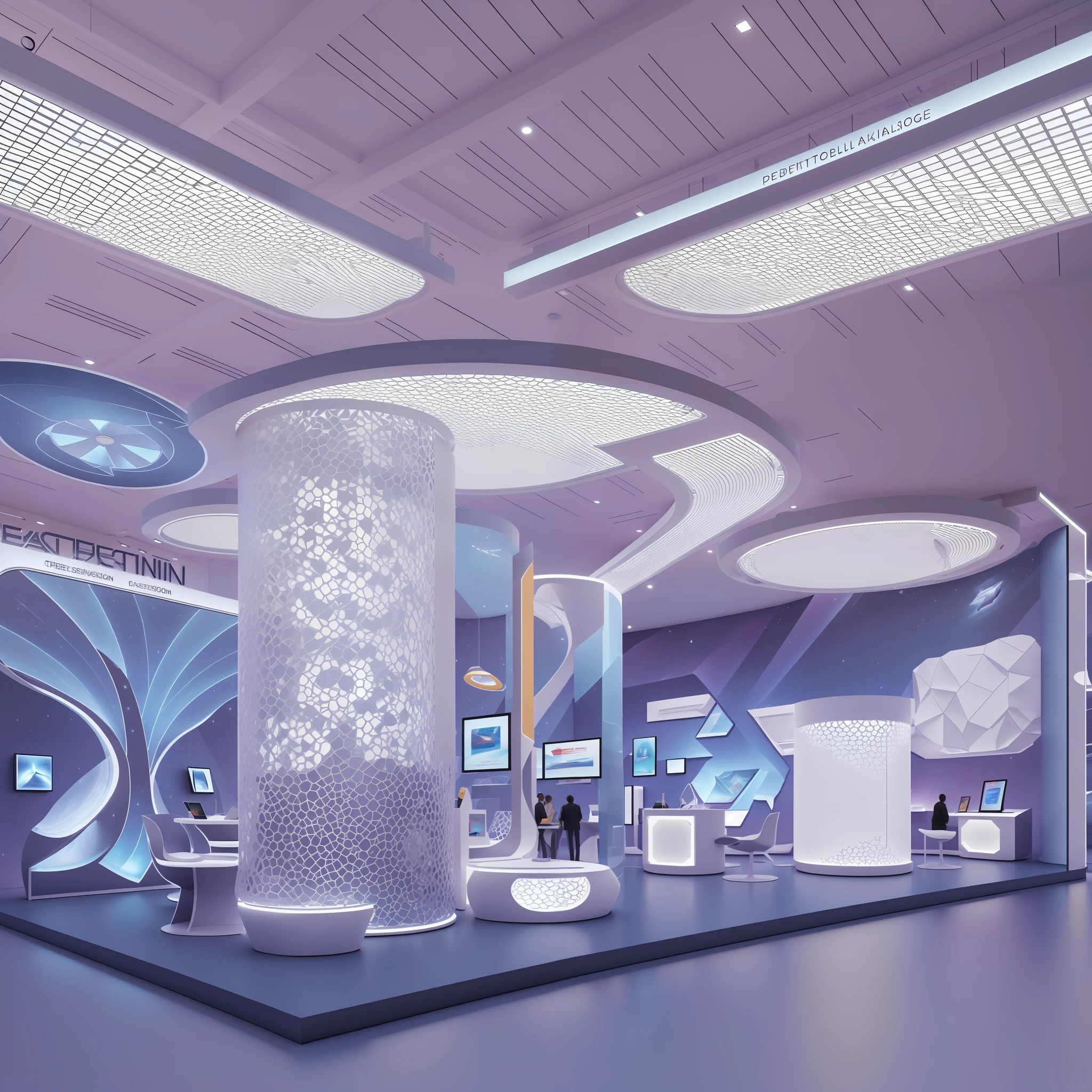 Creative Design, Pavilion, Exhibition Display, Space Layout, Exhibit Display, Lighting Design, Color Matching, Use of Technology, Large Booth, Technology Booth, Rounded Corner Modeling, Modern Interior, Super Detailed, Stylized Scene, Intricate, Sunlight Lighting, Shadows, Concept Style, Multiple Screens, Foreton Exhibition Hall Display Design --auto --s2