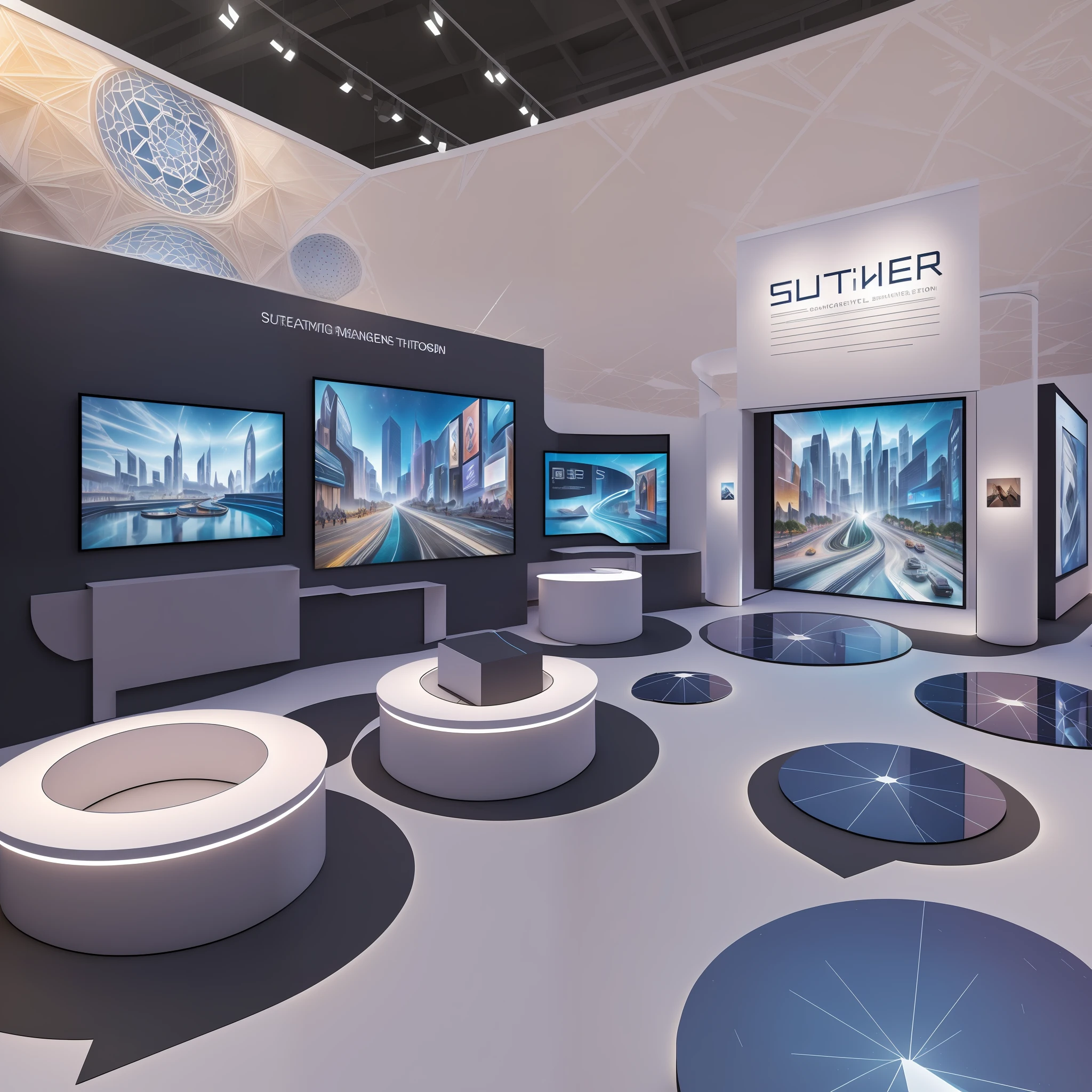 Creative Design, Pavilion, Exhibition Display, Space Layout, Exhibit Display, Lighting Design, Color Matching, Use of Technology, Large Booth, Technology Booth, Rounded Corner Modeling, Modern Interior, Super Detailed, Stylized Scene, Intricate, Sunlight Lighting, Shadows, Concept Style, Multiple Screens, Foreton Exhibition Hall Display Design --auto --s2