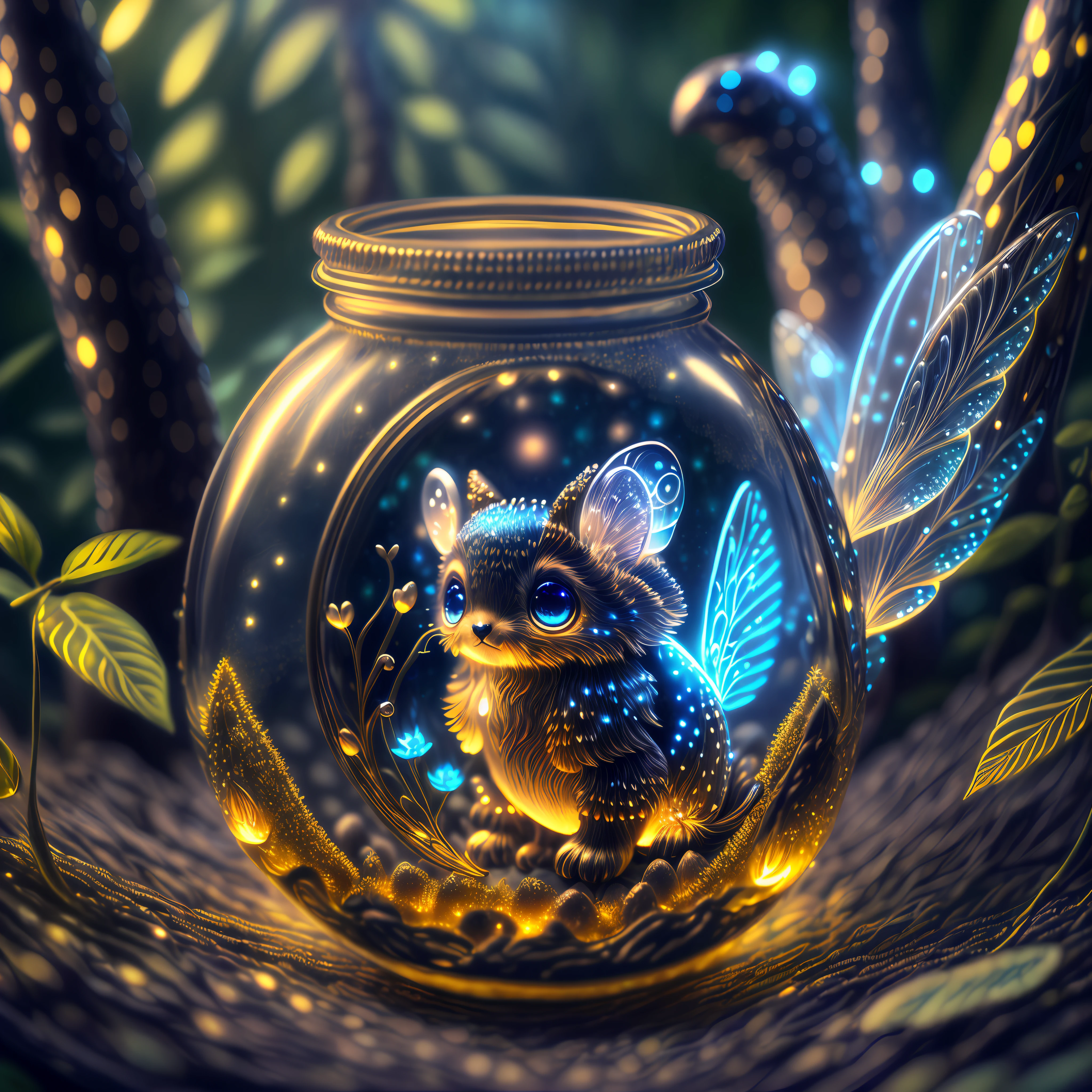 (a miniature creature with many paws in a bottle, a detailed and high-quality CG Unity 8k image, masterpiece quality, art illustration), (thanks to macro photography and detailed description, this creature is detailed and attractive, with wings, big sad eyes and glowing spots), in a dark and deep forest, with a mystical atmosphere and night lighting