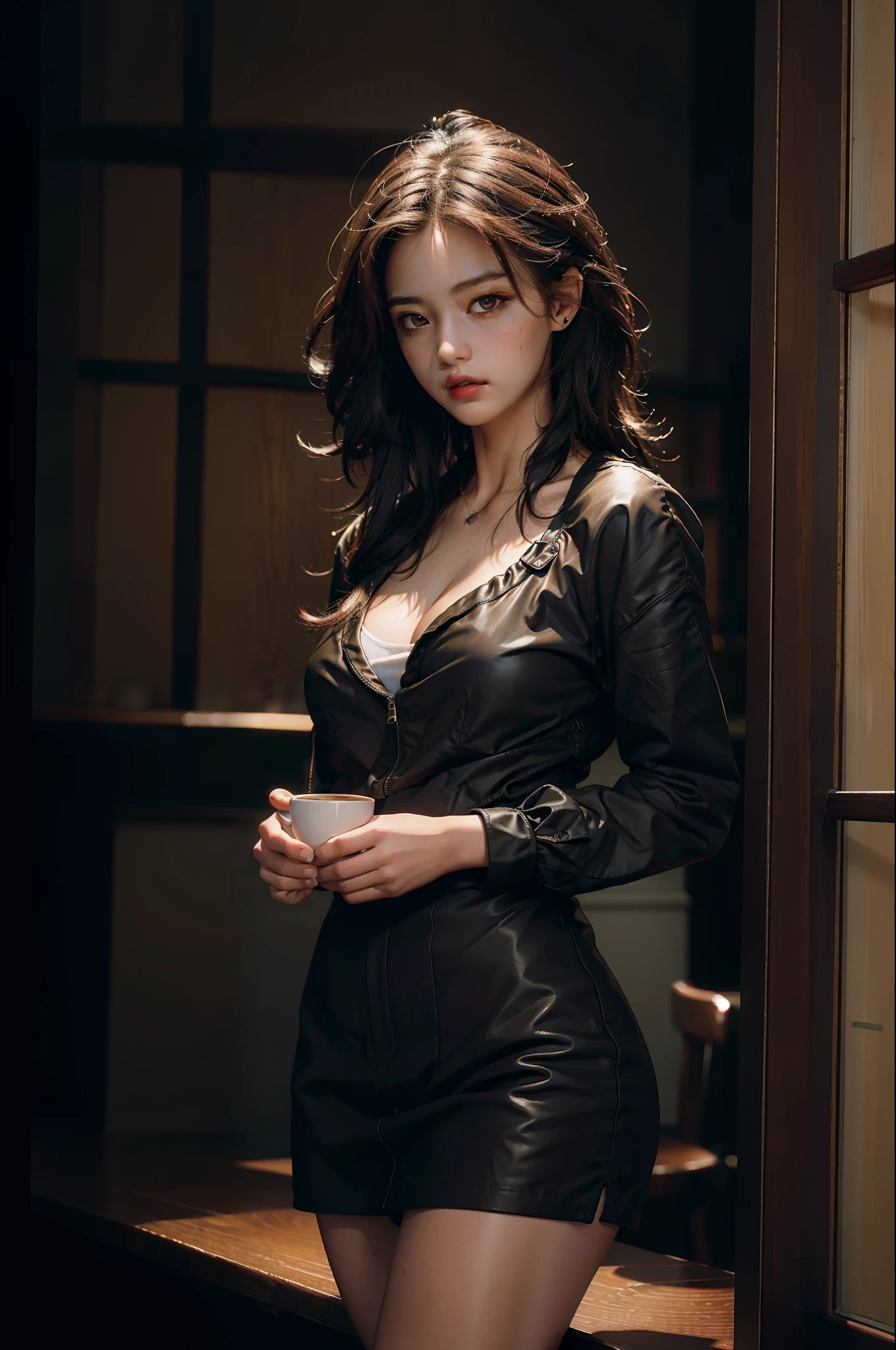 Best quality, masterpiece, ultra high res, (photorealistic:1.4), raw photo, 1girl, waist up, in coffeeshop, deep shadow, dark theme