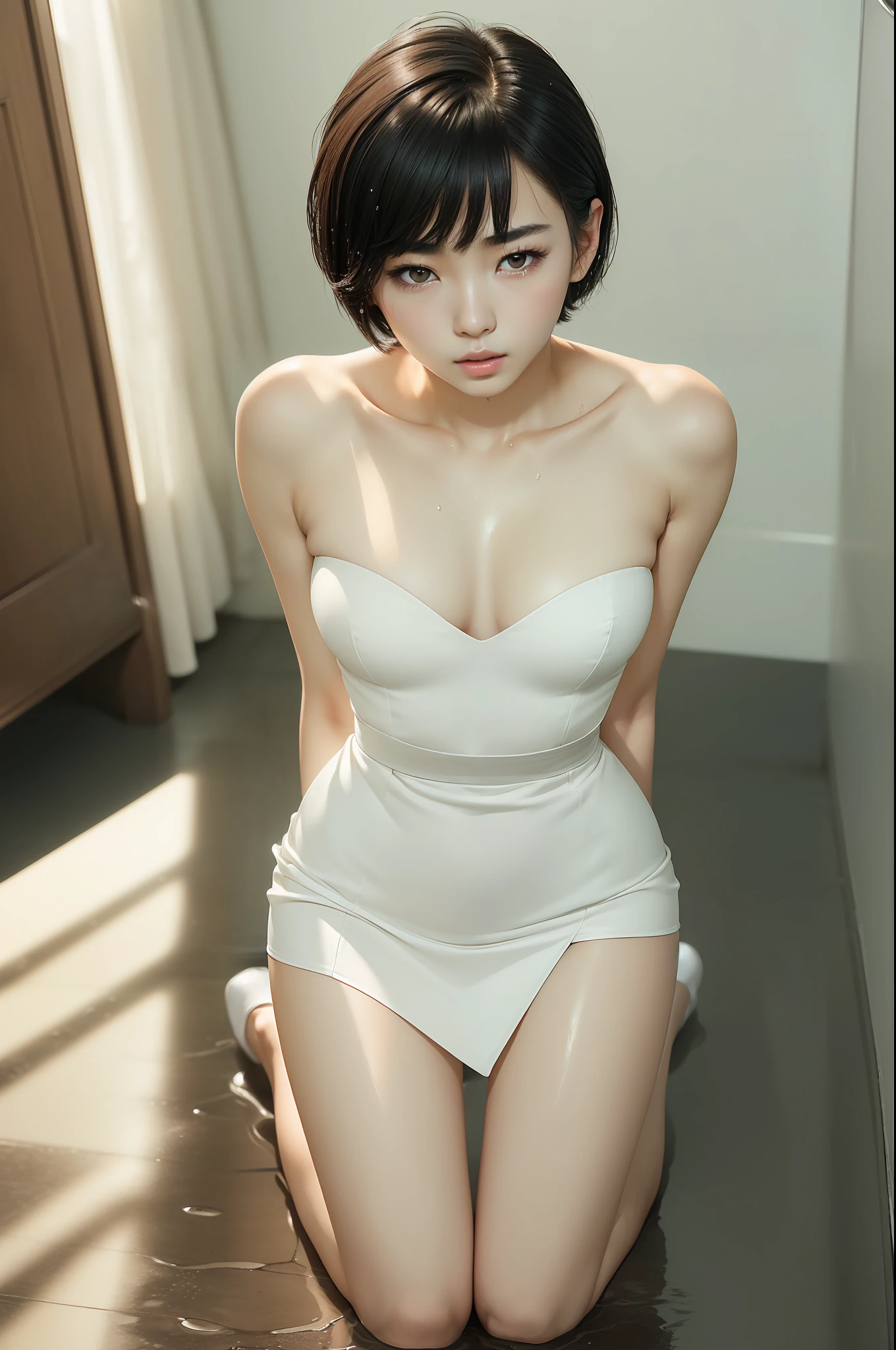 (masterpiece, best quality, photorealistic, sharp image:1.2), 1girl, solo, (18 years old korean beauty, k-pop idol, short hair with bangs:1.2), (detailed eyebrows, realistic beautiful eyes, realistic glossy skin, detailed handsome face:1.1), (intnse look:1.5), tears, (looking at viewer, focus on face:1.1), dynamic angle, dynamic pose, wind, (slender, small breasts, thin waist, thighs, wide hips, perfect figure:1.1), (detailed realistic lighting, backlighting, shadowing:1.1), (spread legs, legs apart, kneeling, arms behind back, bent over, from above:1.3), (white strapless dress, wet, hotel room:1.2), (urine:1.3)