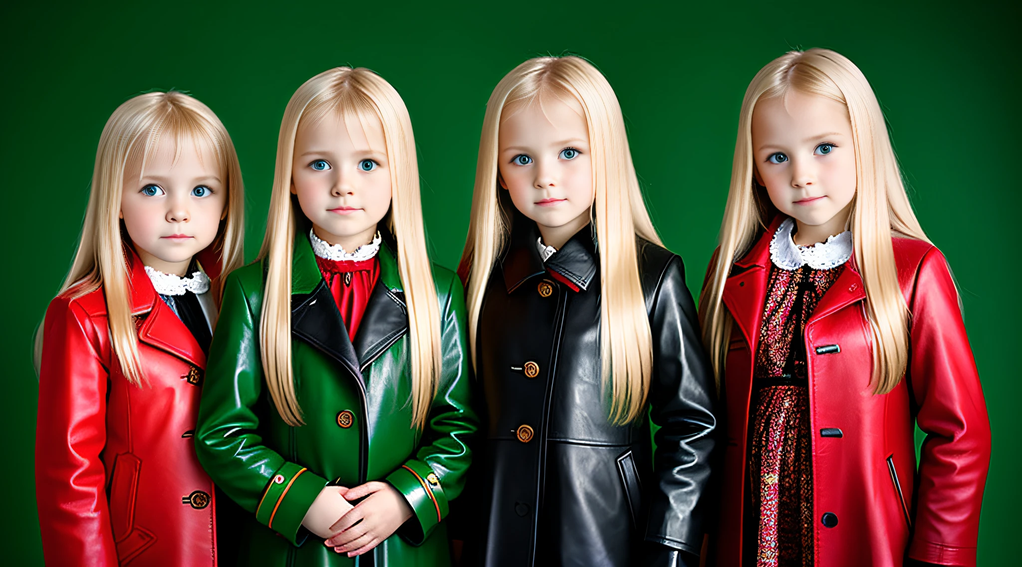 3 GIRLS Russian children with 10 years old, WITH LONG BLONDE STRAIGHT HAIR, WITH GREEN LEATHER OVERCOAT, PORTRAIT STYLE, RED BACKGROUND.