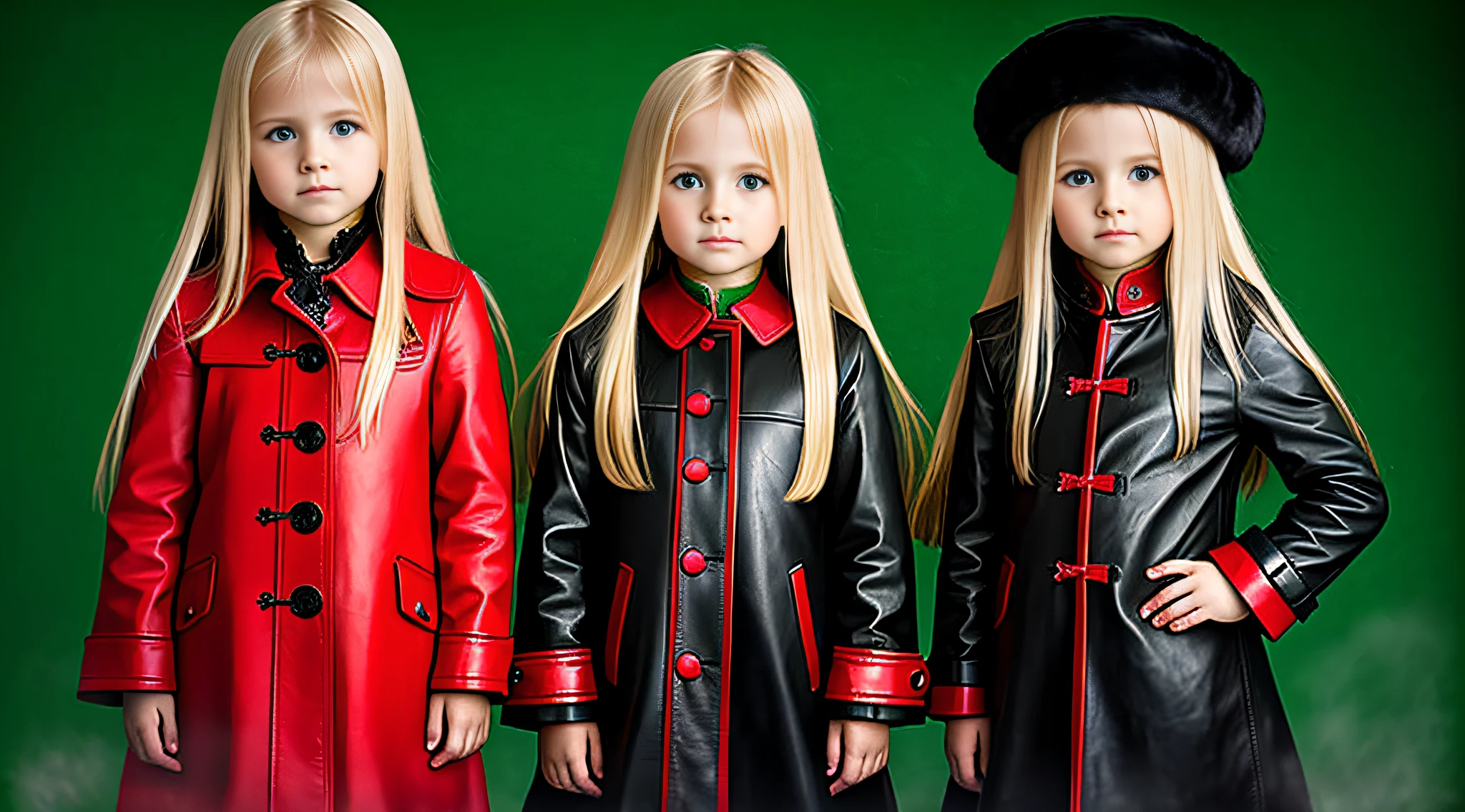 3 GIRLS Russian children with 10 years old, WITH LONG BLONDE STRAIGHT HAIR, WITH GREEN LEATHER OVERCOAT, PORTRAIT STYLE, RED BACKGROUND.