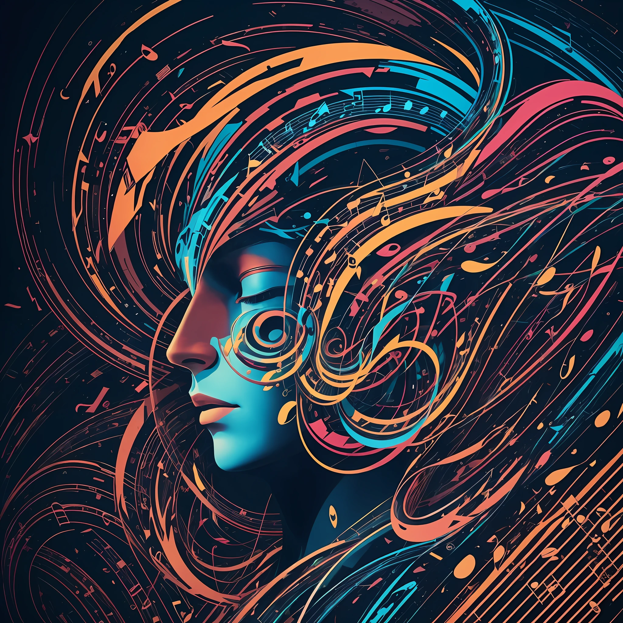 painting of a person with musical notes in his head, virtuosic painting, music, the god of music, face made of notation, musician, neural acrylic paint, synesthesia, masterpiece work of art, masterful composition!!!, musicality, flowing rhythms, by Yehia Dessouki, graphic musicality, mesmerizing, amazing, 16:9 ratio dimension, wallpaper desktop, dark --auto --s2