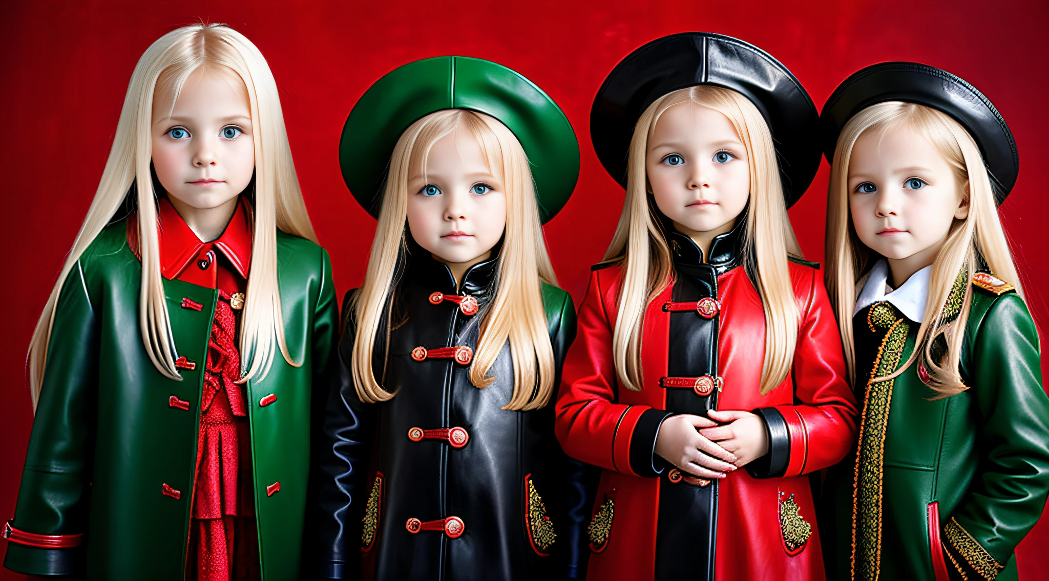 3 GIRLS Russian with 10 yearsONG BLONDE STRAIGHT HAIR, WITH GREEN LEATHER OVERCOAT, PORTRAIT STYLE, RED BACKGROUND.