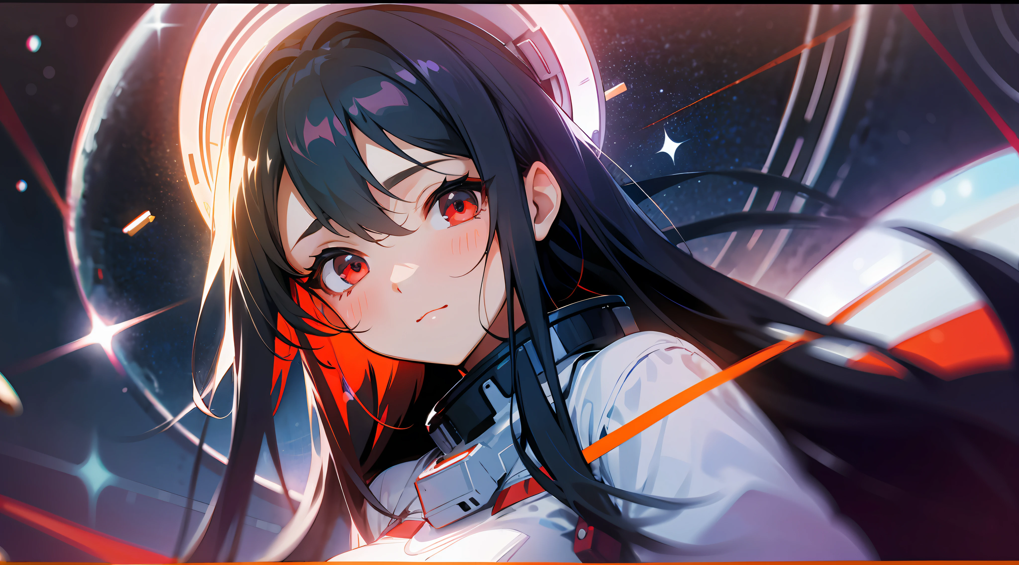 1girl, flat chest, cute, beautiful and detailed eyes, life on the space station, mirror props, shiny hair, visible through hair, hair between the eyes, white monochrome, , Soviet Union, communism, black hair, red eyes, vampires, girl, poor breasts, space suit: blurred foreground, HD, depth of field, bokeh, bust, medium shot, 56mm lens