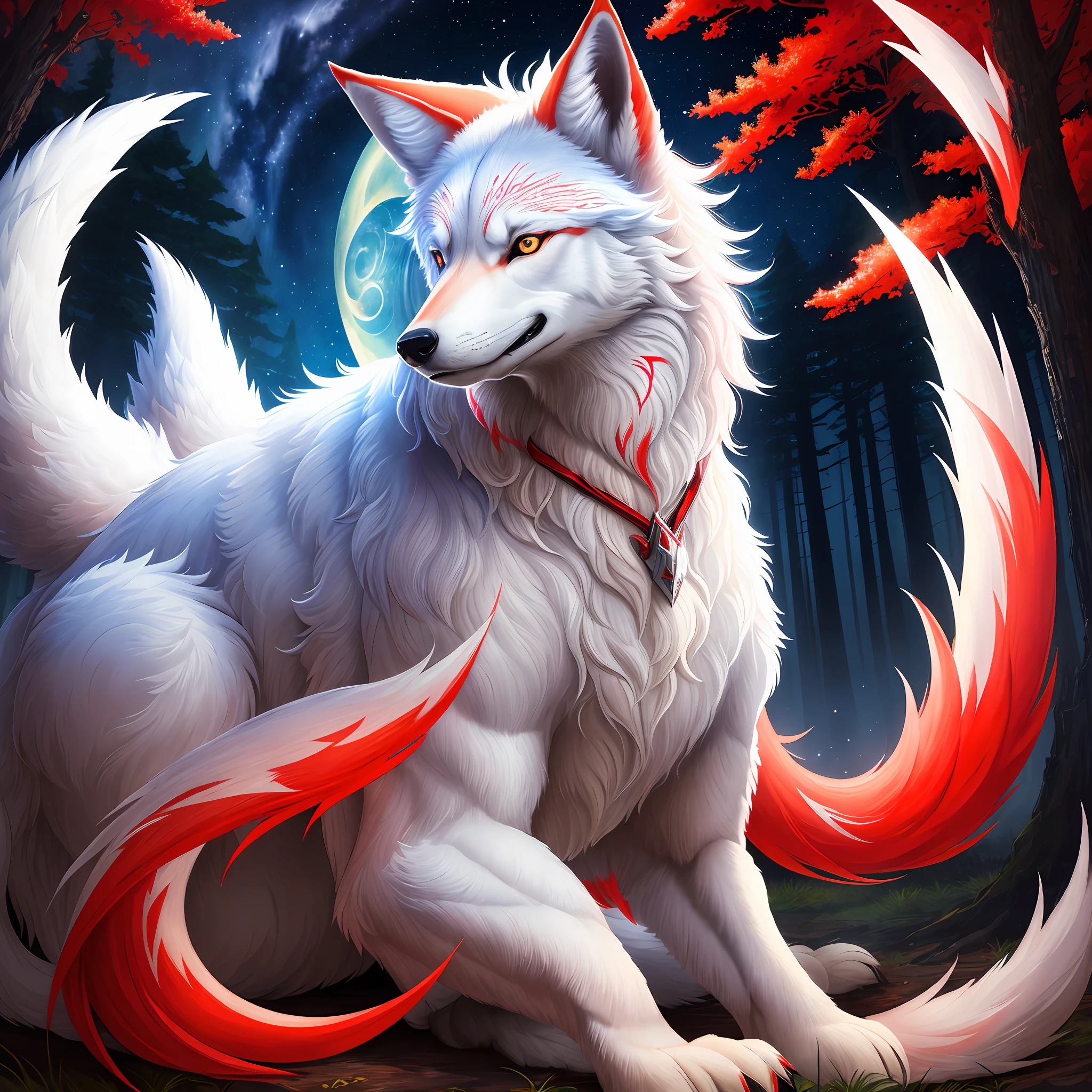 "((masterpiece)), better quality, ultra-detonated details, high-definition illustration, majestic depiction of the white and red wolf Okami, moonlight reflected in his coat, in the starry night, subtle lights illuminating the forest around him."