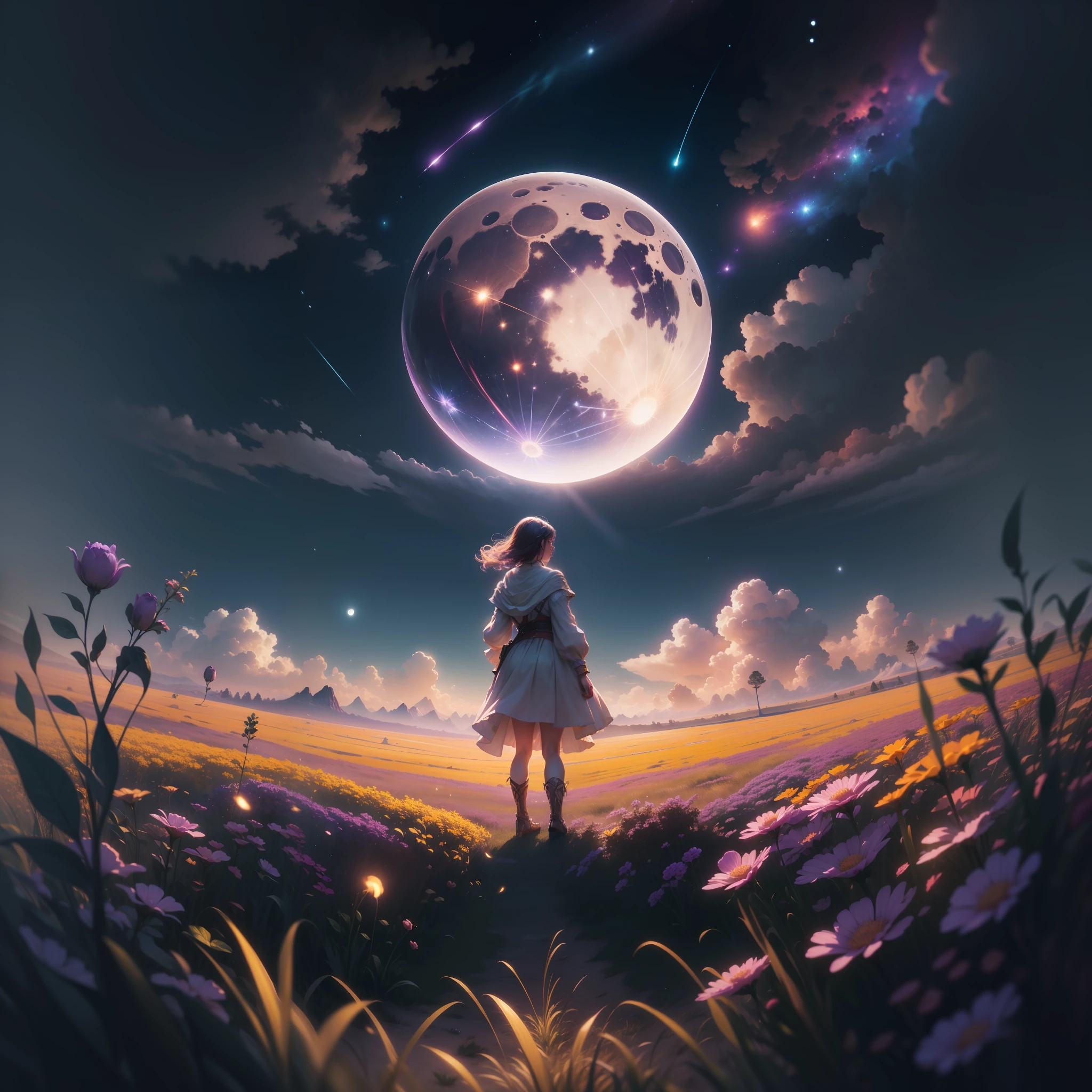 Vast landscape photo, (viewed from below, the sky is above and the open field is below), a girl standing on a flower field looking up, (full moon: 1.2), (meteor: 0.9), (nebula: 1.3), distant mountains , Trees BREAK Crafting Art, (Warm Light: 1.2), (Fireflies: 1.2), Lights, Lots of Purple and Orange, Intricate Details, Volumetric Lighting, Realism BREAK (Masterpiece: 1.2), (Best Quality), 4k, Ultra-Detailed, (Dynamic Composition: 1.4), Very Detailed, Colorful Details, (Rainbow Colors: 1.2), (Glow Lighting, Atmospheric Lighting), Dreamy, Magical, (Solo: 1.2) detailed, ometric by greg rutkowski and alphonse mucha, gradient lighting, dramatic, soft lighting, film grain, anamorphic depth of field, bokeh, cinematic color, tower of gods,