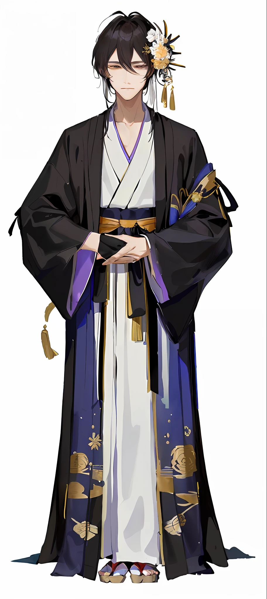 A close-up of a man holding a flower in a costume, ((wearing a noble robe)), wearing a flowing robe, Shinosuke Yagaki, inspired by Sesshu Tōyō, wearing a dark robe with gold accents, Masamune Shiro, Takushiro Nipponkata, Hakama Kimono, Miyamoto Musashi