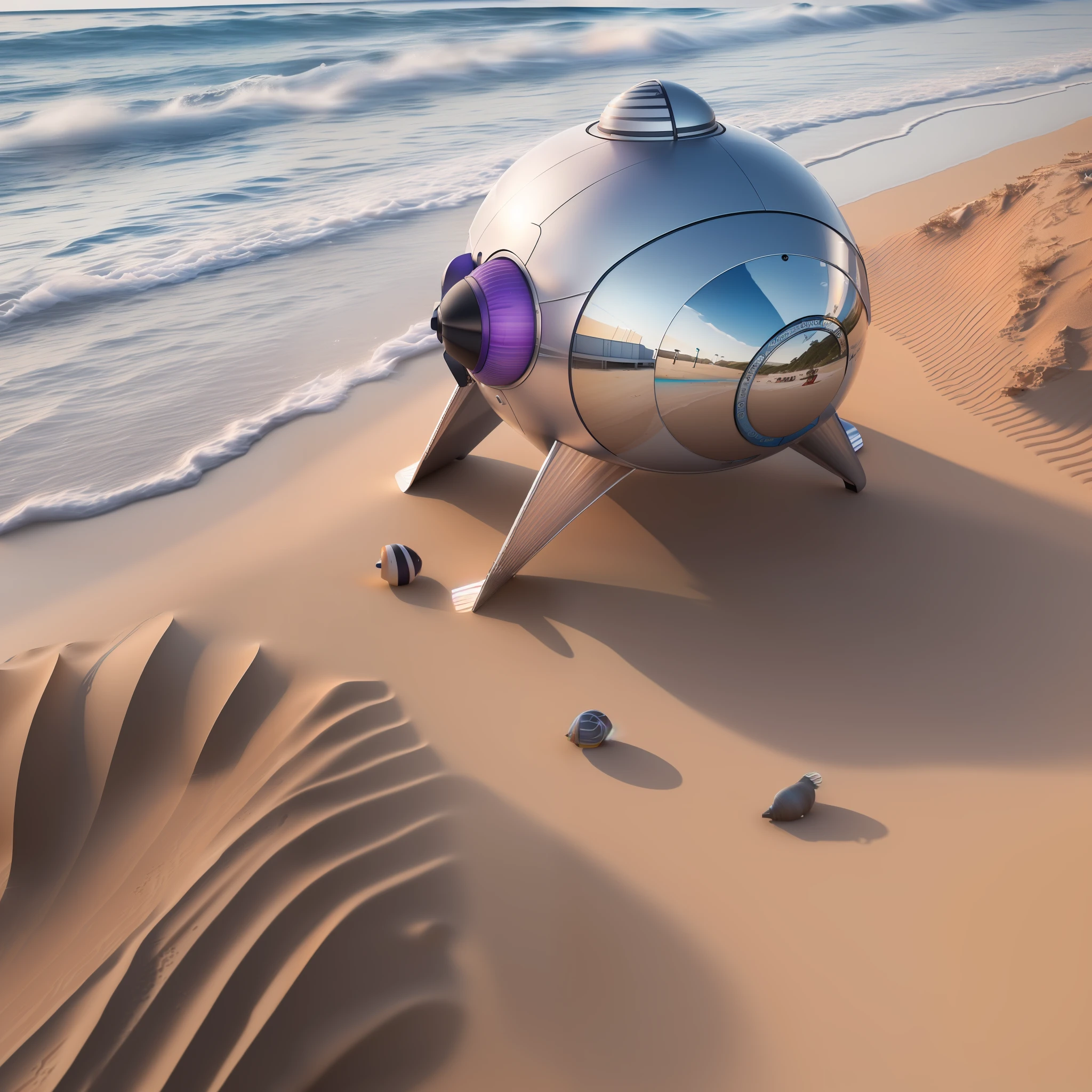 photo realistic, Realistic, detailed eye, 8k uhd, dslr, high quality, film grain, photorealism, lomography, The full body is white, white fur, purple eyes, harmonious face, nice body. Standing on the sandy beach alone, light sunshine, cool breeze, (on the far right are some small islands, 1.4), (on the sand there are some small snails and starfish, 1.5), and the scenery is harmonious and beautiful, robot , there is a silver submarine on the beach with starfishs, beached submarine, cute 3 d render, mech shaped like a manatee, stylized digital illustration, seapunk mecha, robotic octopus, stylized as a 3d render, beach on the outer rim, rendered in cinema4d, rendered in cinema 4 d, 3 d render stylized