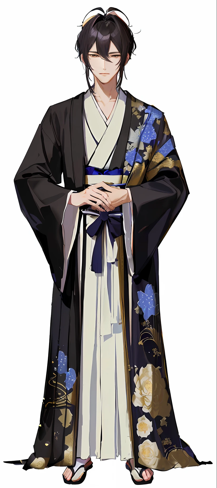A close-up of a man holding a flower in a costume, ((wearing a noble robe)), wearing a flowing robe, Shinosuke Yagaki, inspired by Sesshu Tōyō, wearing a dark robe with gold accents, Masamune Shiro, Takushiro Nipponkata, Hakama Kimono, Miyamoto Musashi