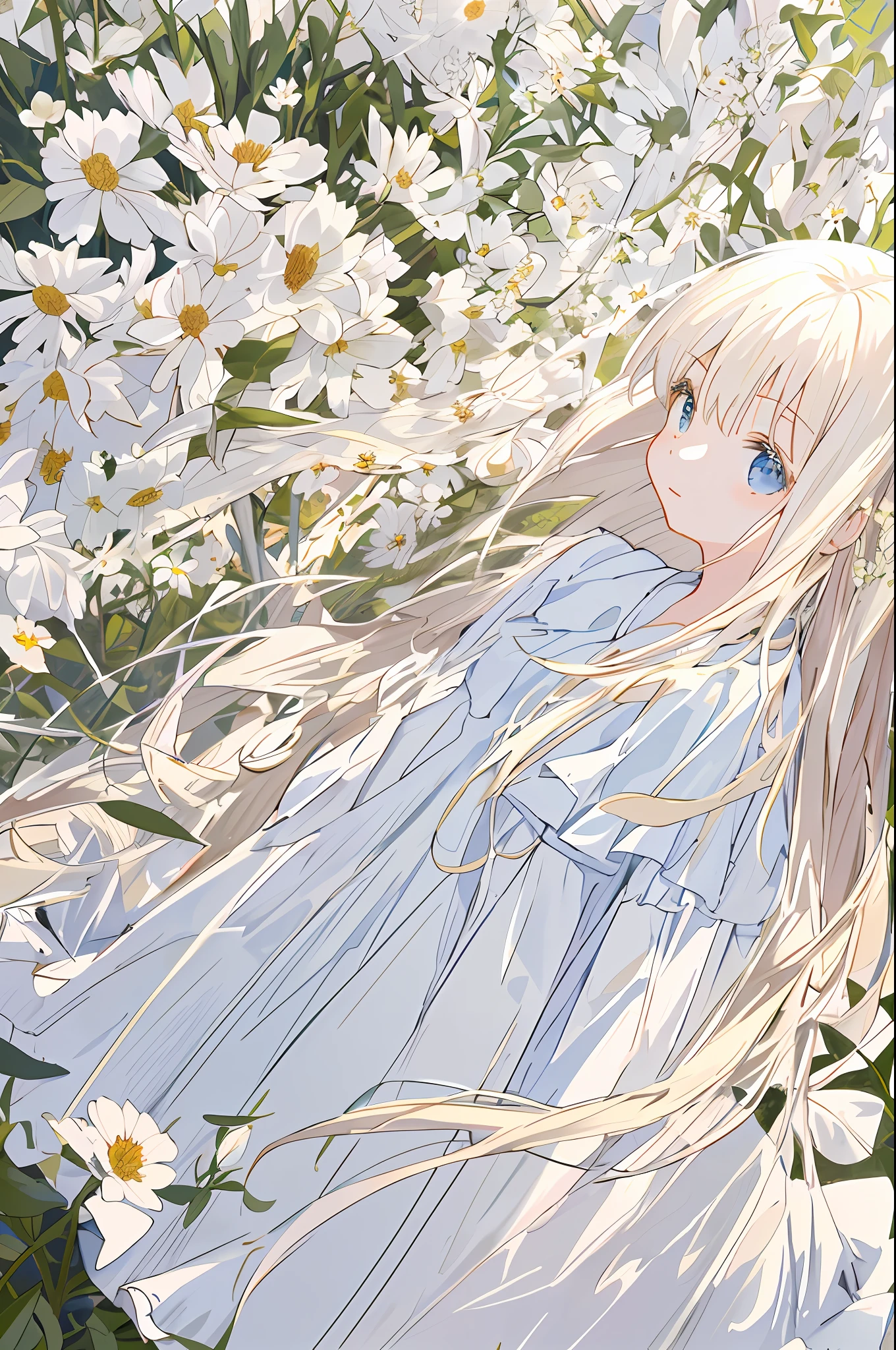 Masterpiece, best quality, a girl with long light hair, soft white clothes, alone in a never-ending flower field