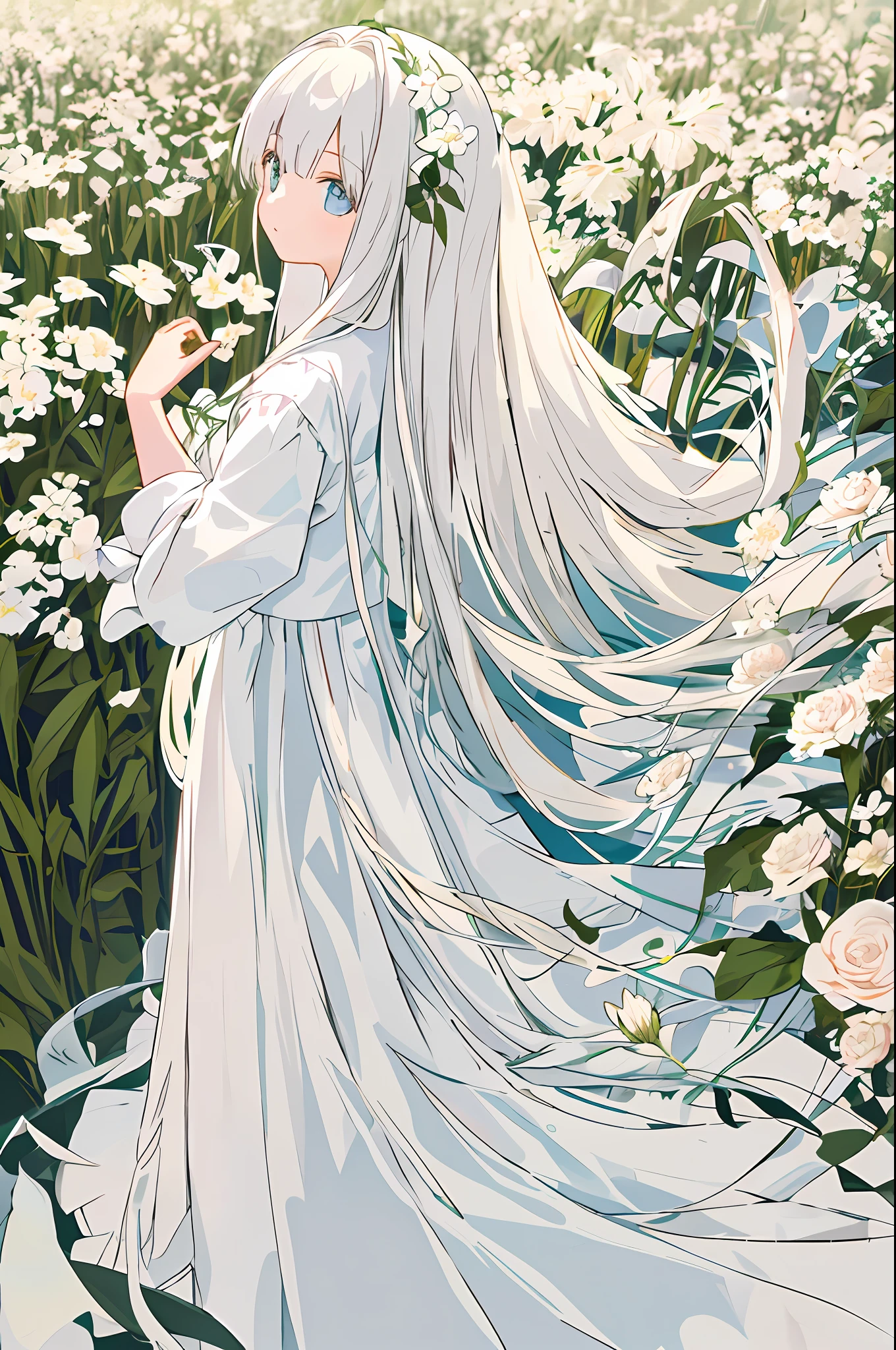 Masterpiece, best quality, a girl with long light hair, soft white clothes, alone in a never-ending flower field