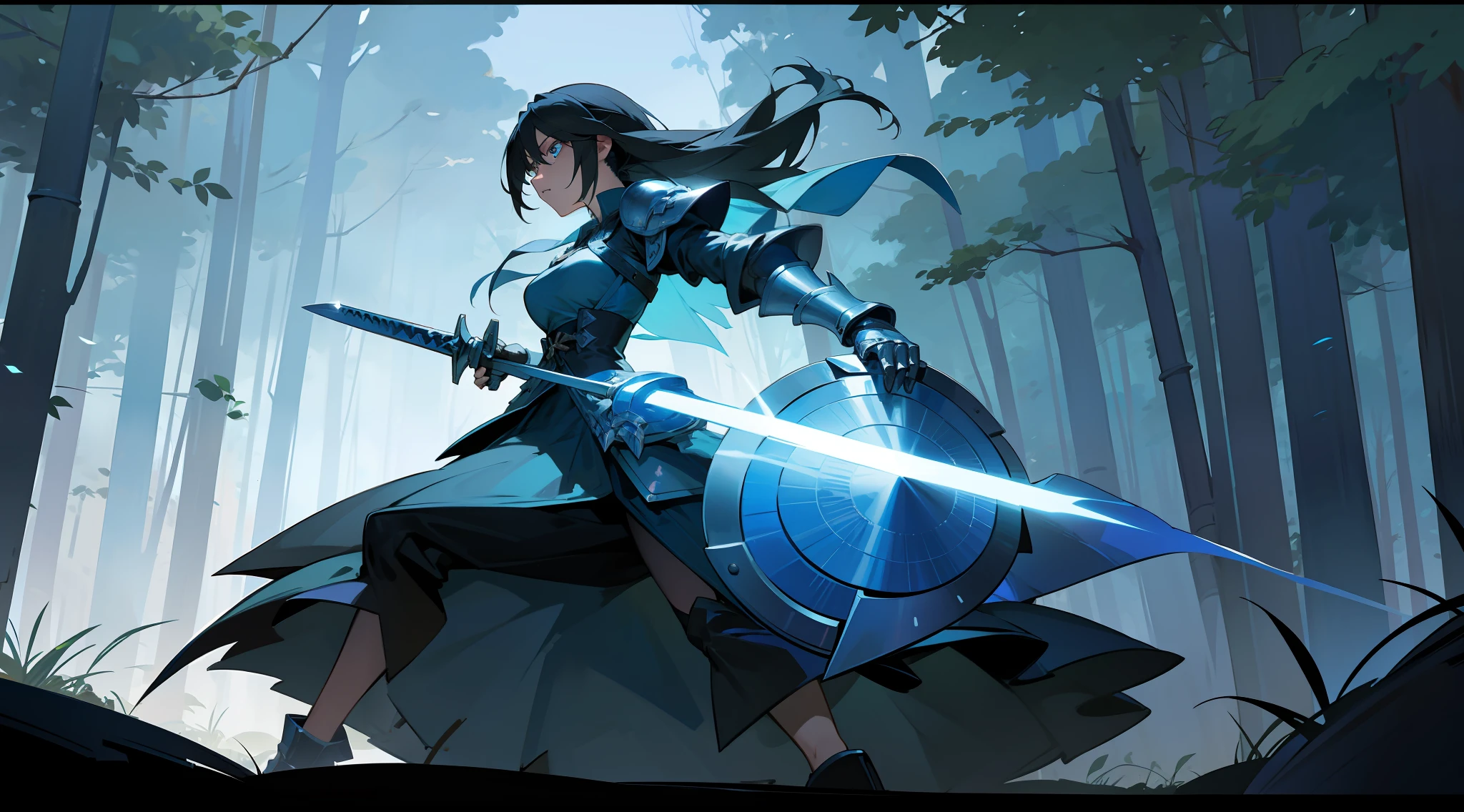 Rinoa, from Final Fantasy 8, wearing a dark blue dress armor, with a large blue sword and a shield, full gauntlets, perfect anatomy, perfect face, forest background