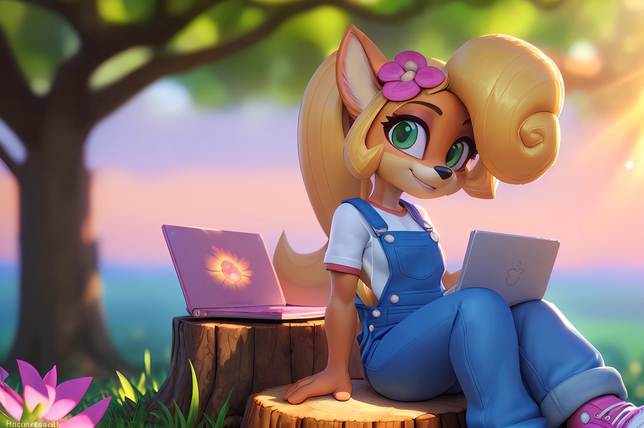[Coco bandicoot], [Uploaded to e621.net; (Pixelsketcher), (wamudraws)], ((masterpiece)), ((solo portrait)), ((1girl)), ((raw photo)), ((furry; anthro)), ((detailed fur)), ((raytracing)), ((detailed shading)), ((beautiful 3D art)), ((dynamic lighting)), {anthro; (orange fur, black nose, pointed ears), cute green eyes, blonde hair, curly ponytail, happy smile, (white shirt, small boobs, blue denim overalls), (pink flower in hair), pink sneakers}, ((sitting on tree stump; crisscross, pink laptop)), [background; flower plains; (trees, sun rays through trees, pink purse on stump)]