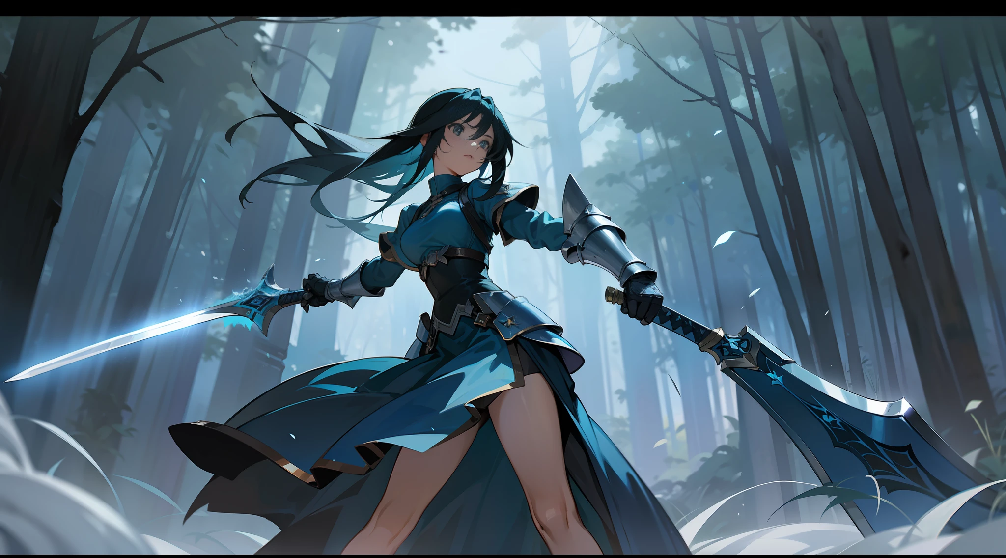 Rinoa, from Final Fantasy 8, wearing a dark blue dress armor, with a large blue sword and a shield, full gauntlets, perfect ???????, perfect face, forest background